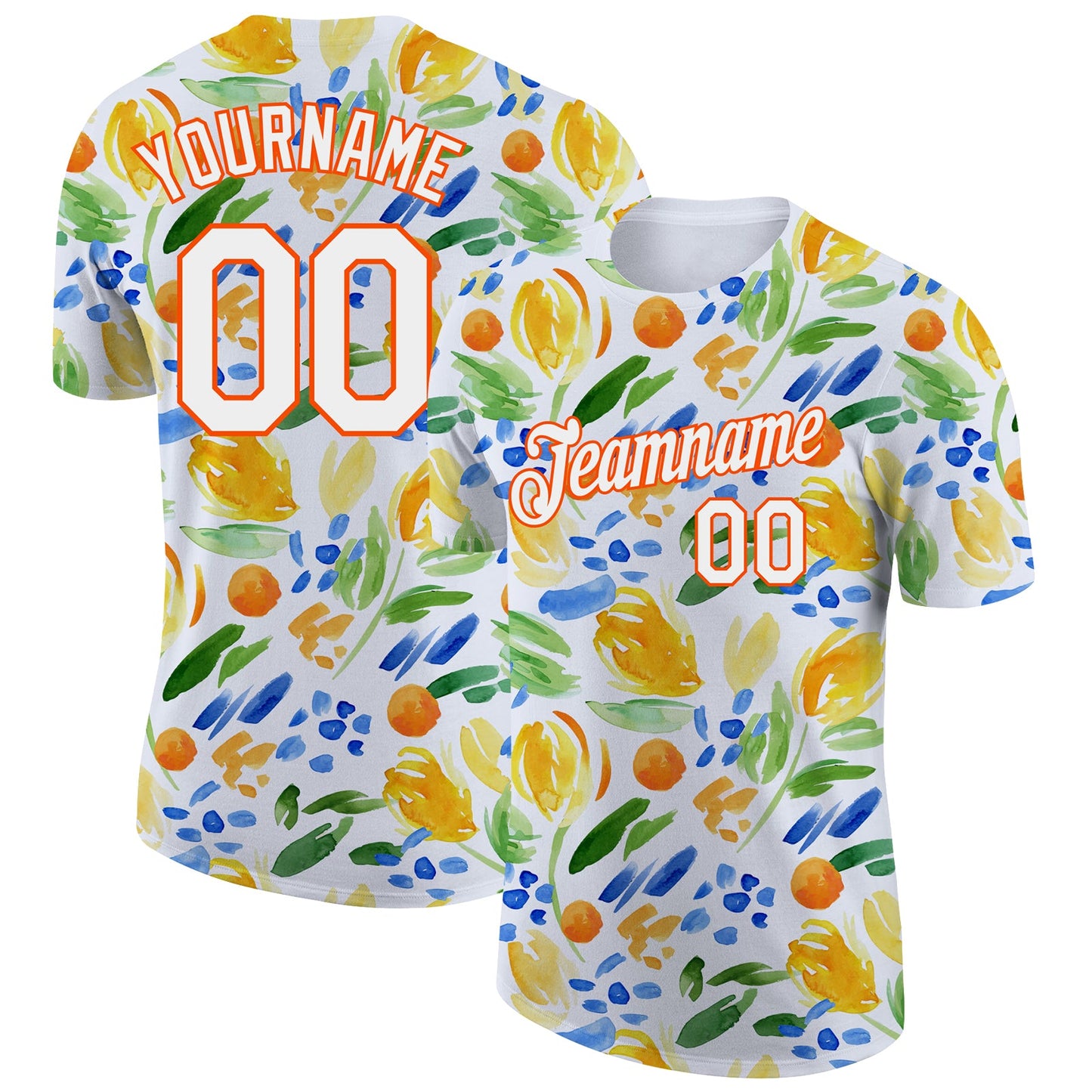 Custom White Orange 3D Pattern Design Abstract Watercolor Flower Performance T-Shirt - Main View