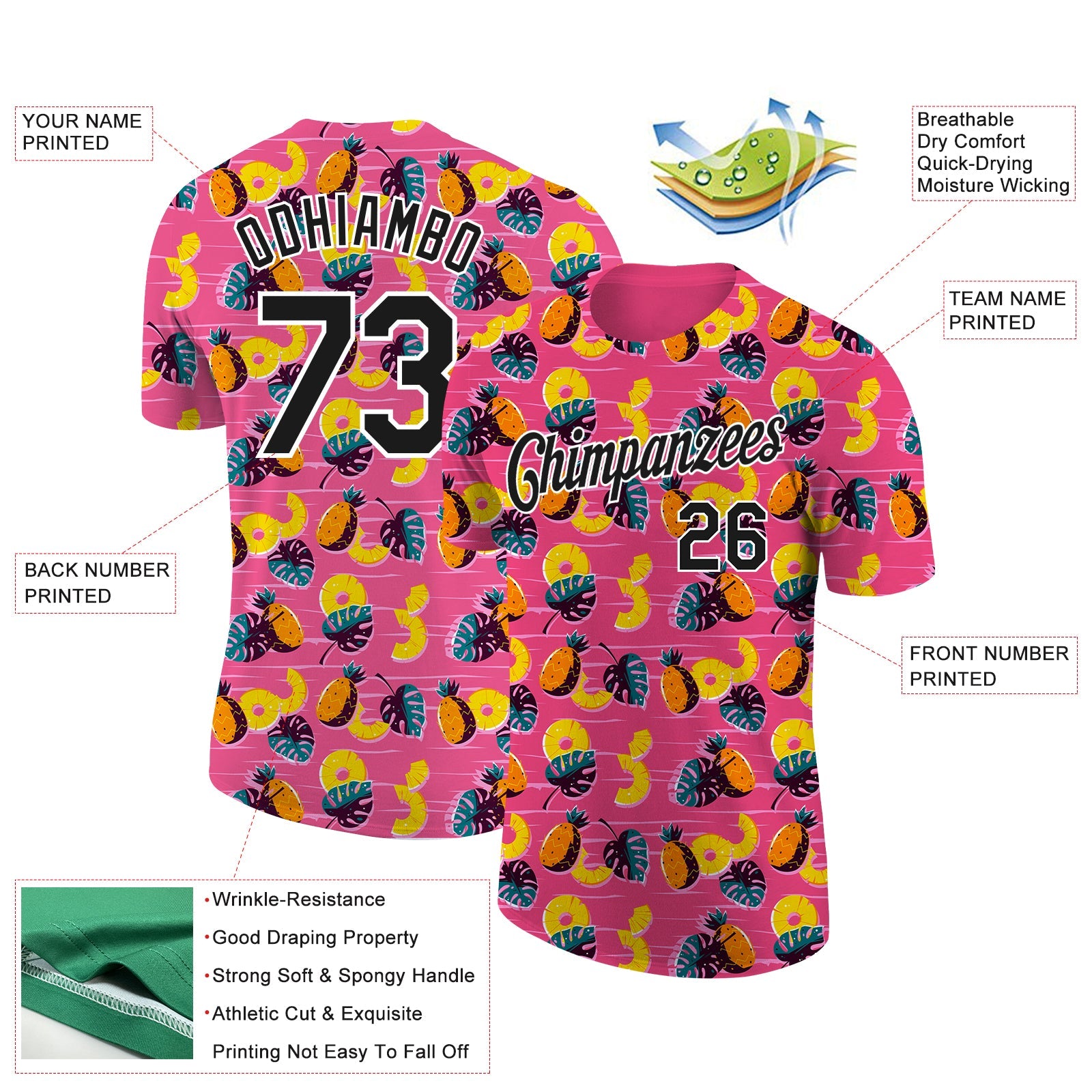 Custom Hot Pink Black-White 3D Pattern Design Hawaii Tropical Palm Leaves And Pineapple Performance T-Shirt view 2