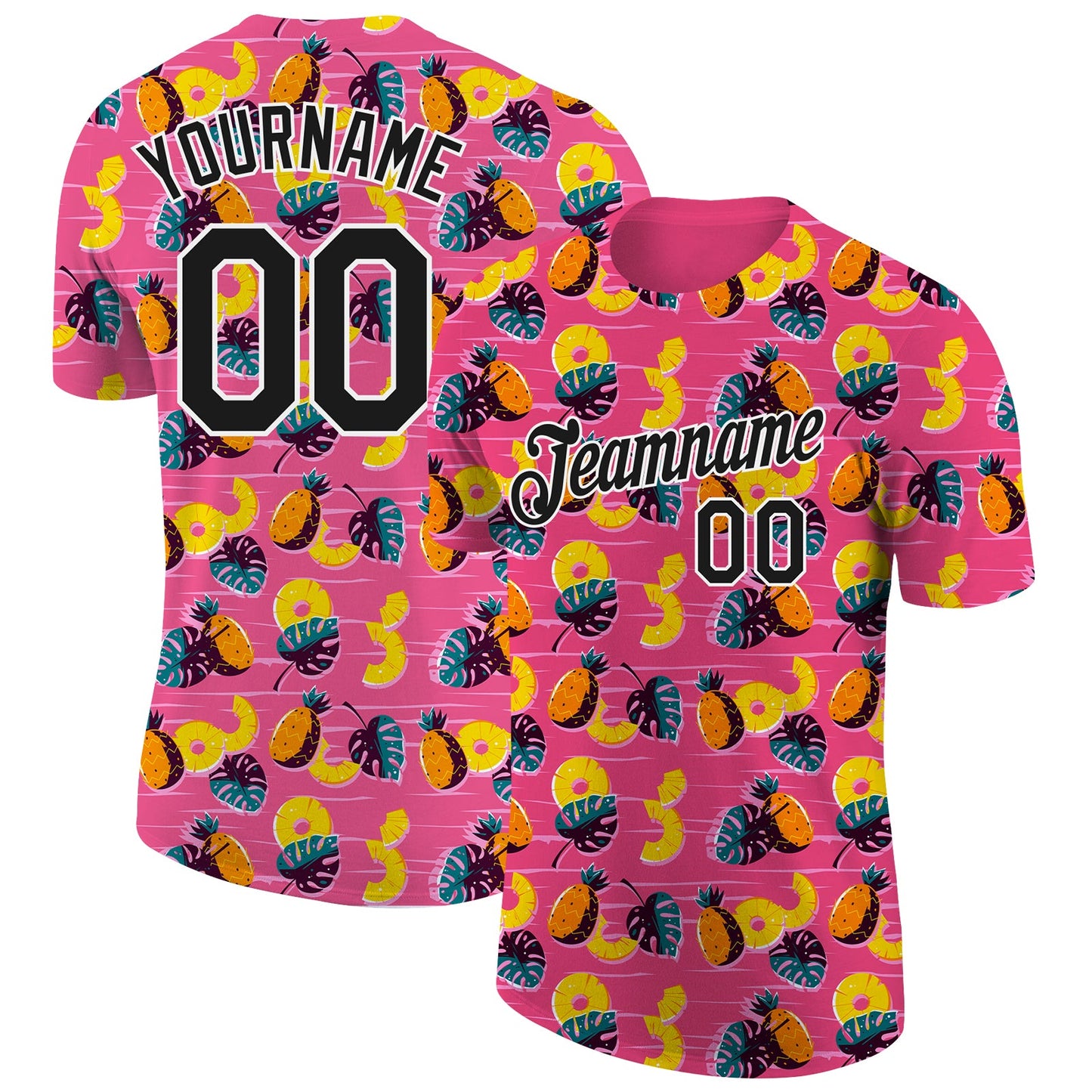 Custom Hot Pink Black-White 3D Pattern Design Hawaii Tropical Palm Leaves And Pineapple Performance T-Shirt - Main View