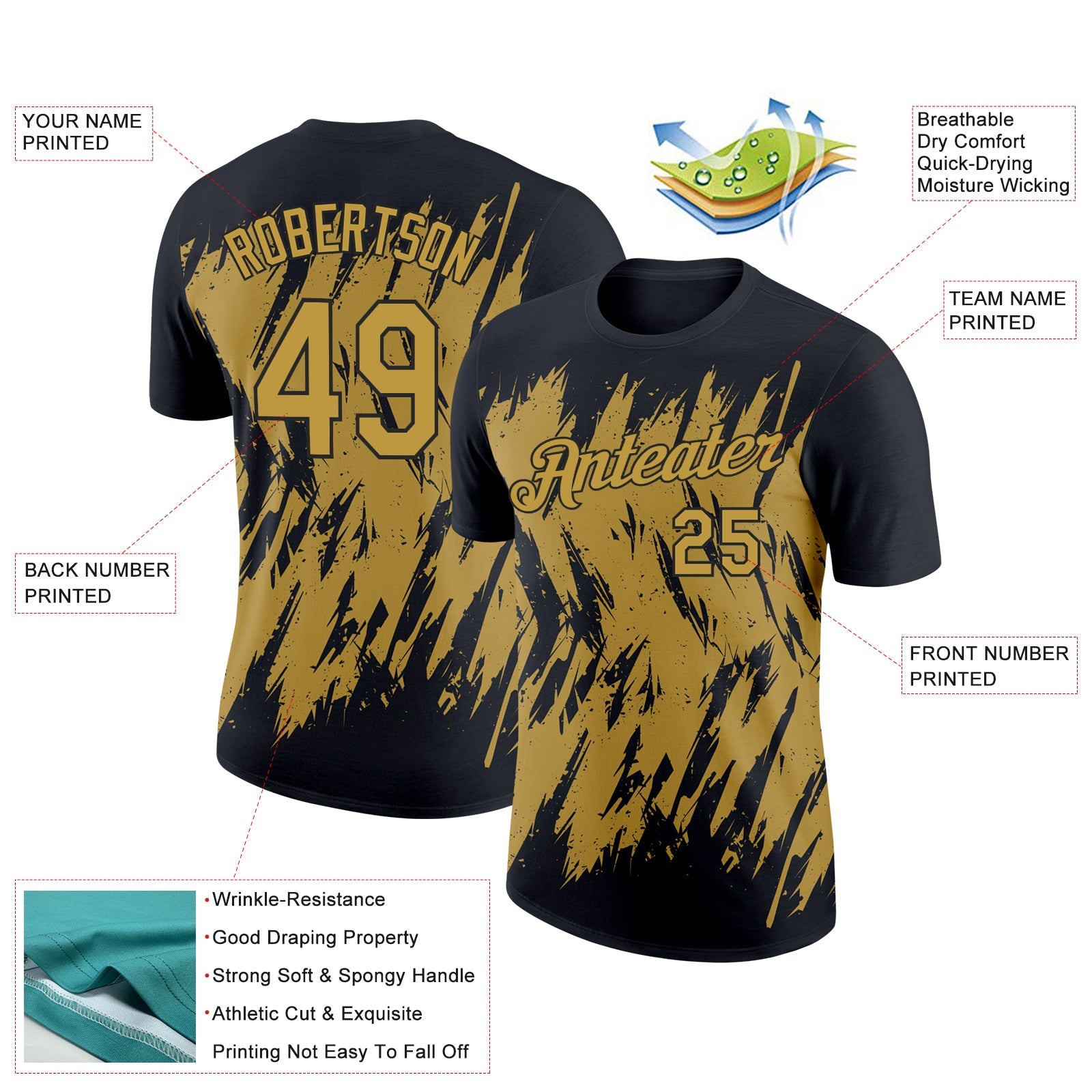 Custom Black Old Gold 3D Pattern Design Abstract Sharp Shape Performance T-Shirt view 2