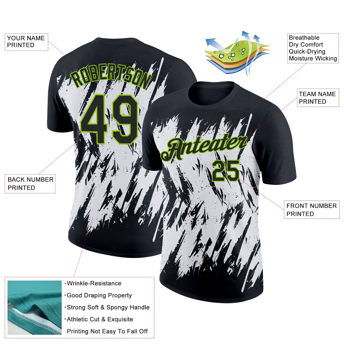 Custom Black Neon Green-White 3D Pattern Design Abstract Sharp Shape Performance T-Shirt view 2