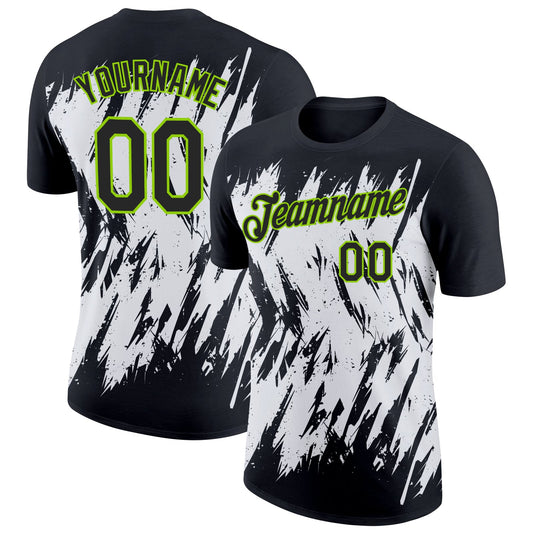 Custom Black Neon Green-White 3D Pattern Design Abstract Sharp Shape Performance T-Shirt - Main View