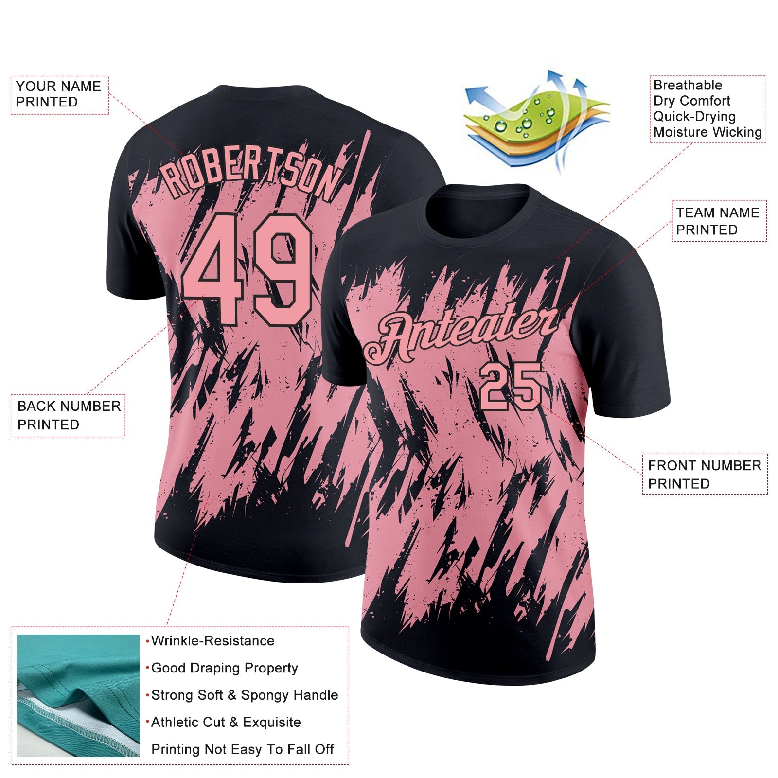 Custom Black Medium Pink 3D Pattern Design Abstract Sharp Shape Performance T-Shirt view 2