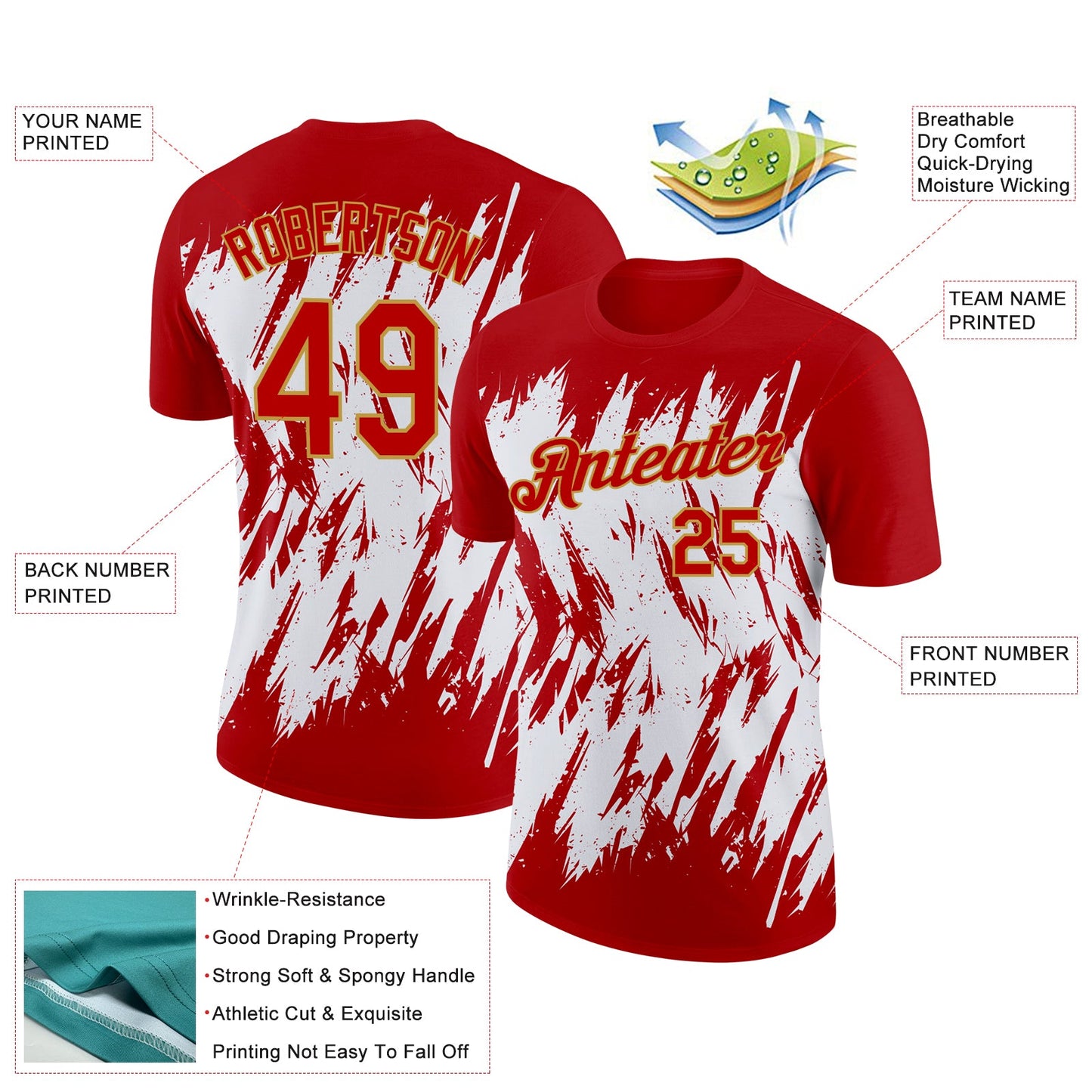 Custom Red Old Gold-White 3D Pattern Design Abstract Sharp Shape Performance T-Shirt view 2