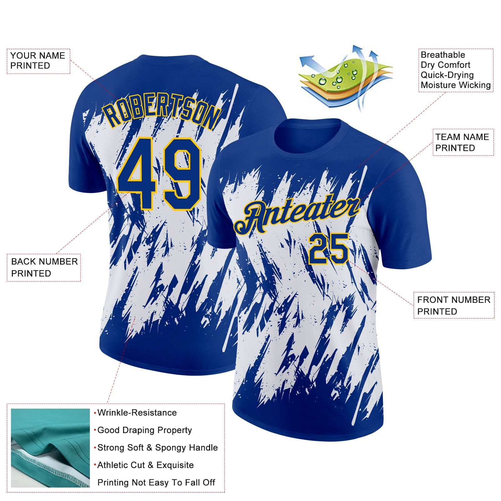 Custom Royal White-Yellow 3D Pattern Design Abstract Sharp Shape Performance T-Shirt view 2