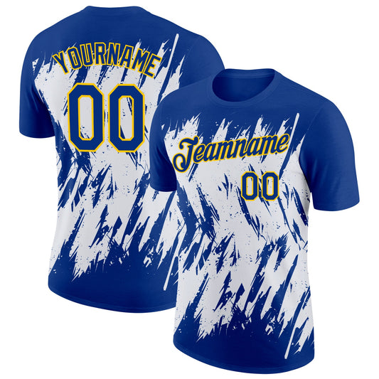 Custom Royal White-Yellow 3D Pattern Design Abstract Sharp Shape Performance T-Shirt - Main View