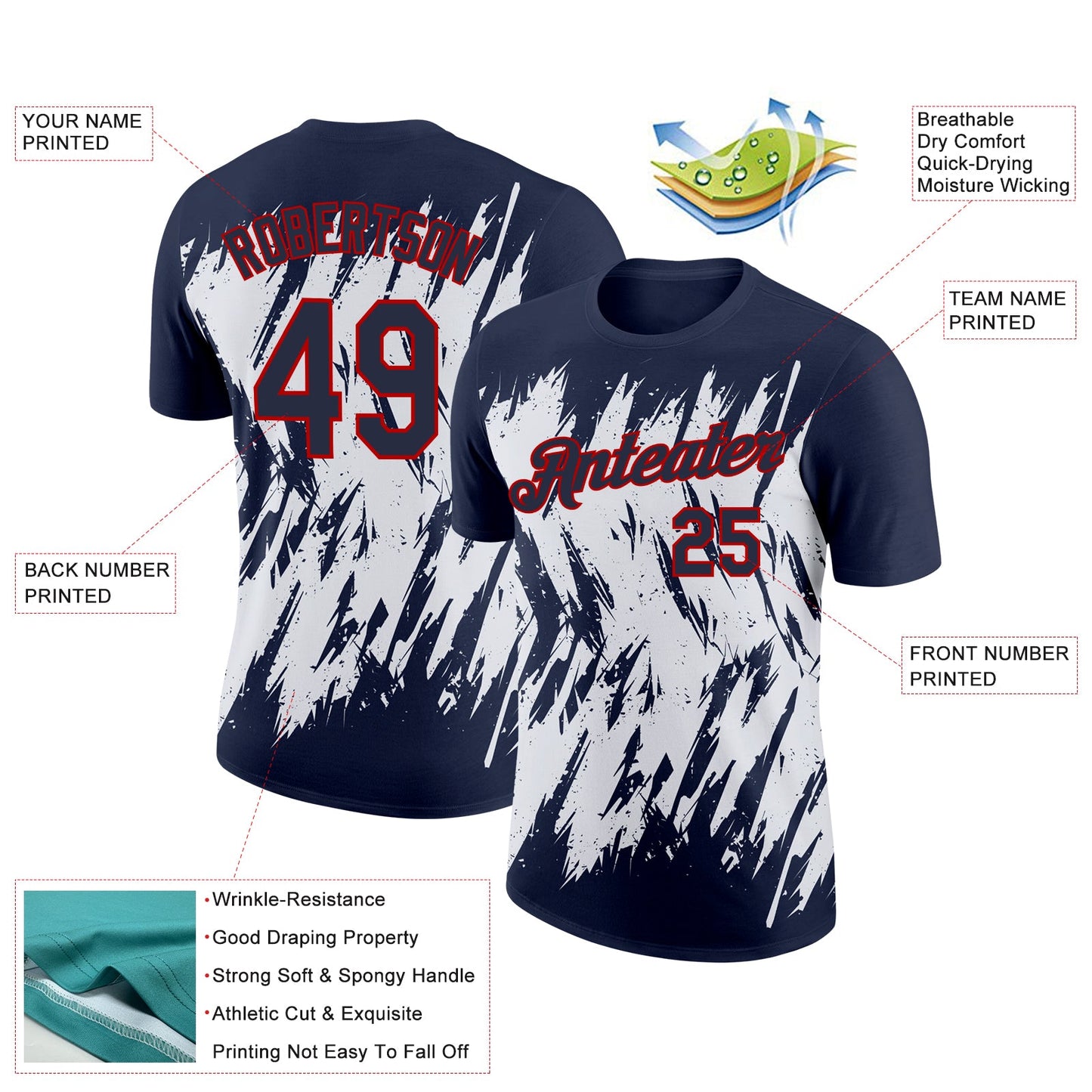 Custom Navy White-Red 3D Pattern Design Abstract Sharp Shape Performance T-Shirt view 2