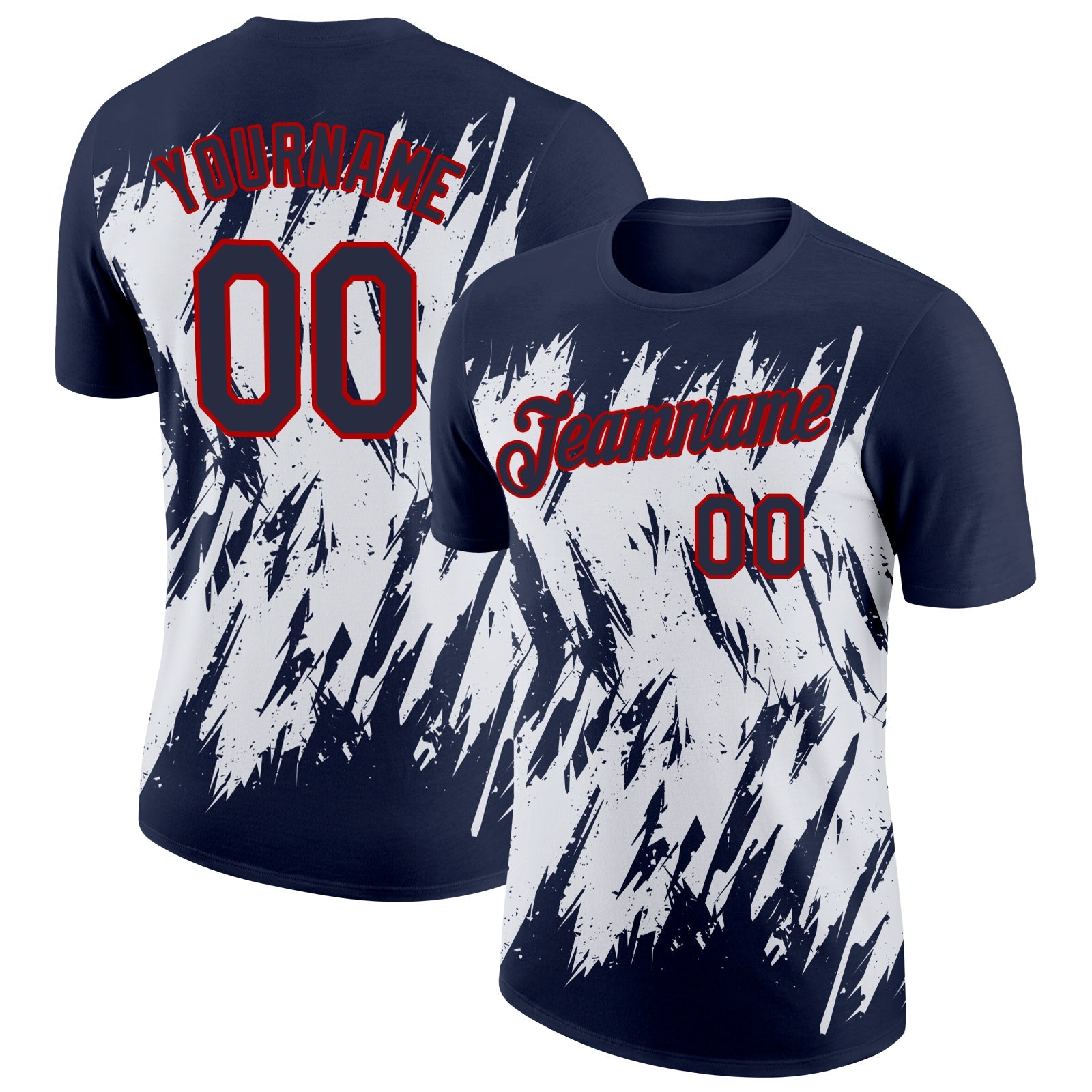 Custom Navy White-Red 3D Pattern Design Abstract Sharp Shape Performance T-Shirt - Main View