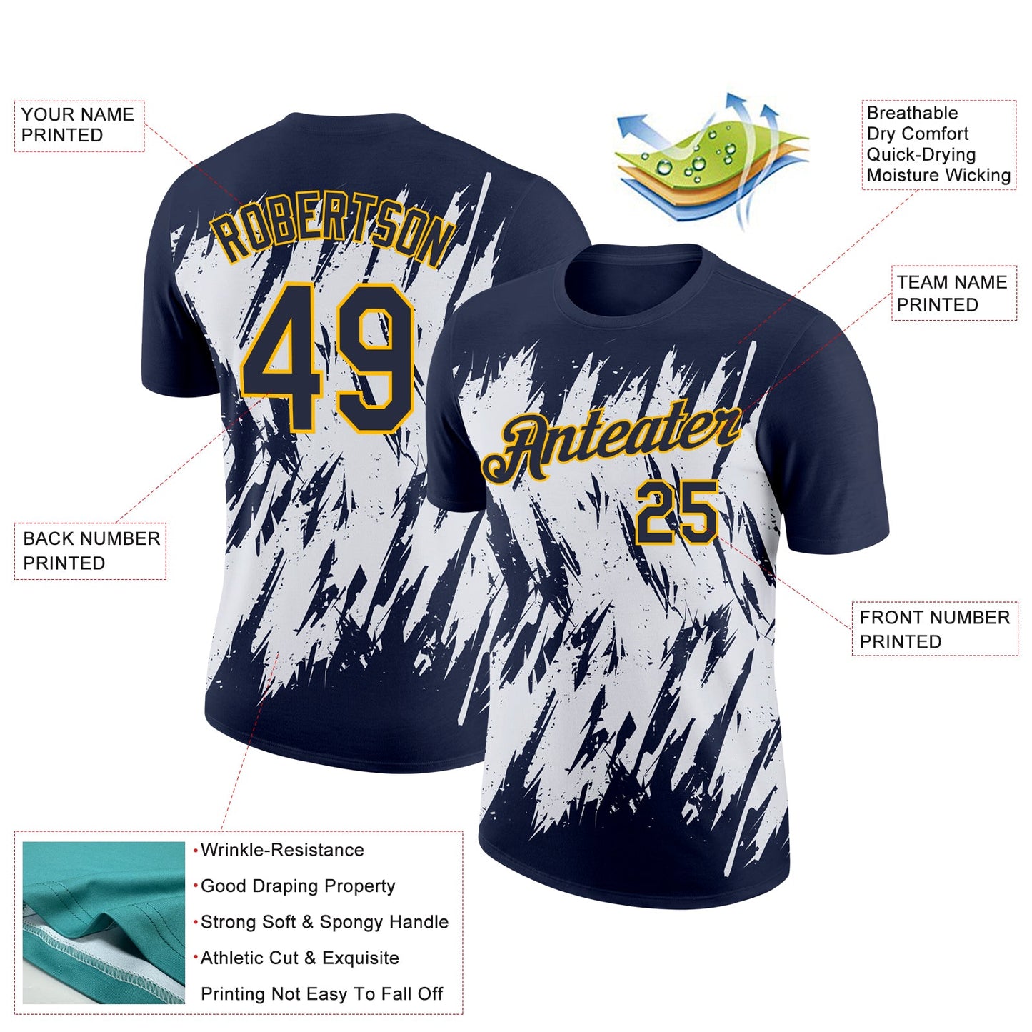 Custom Navy White-Gold 3D Pattern Design Abstract Sharp Shape Performance T-Shirt view 2