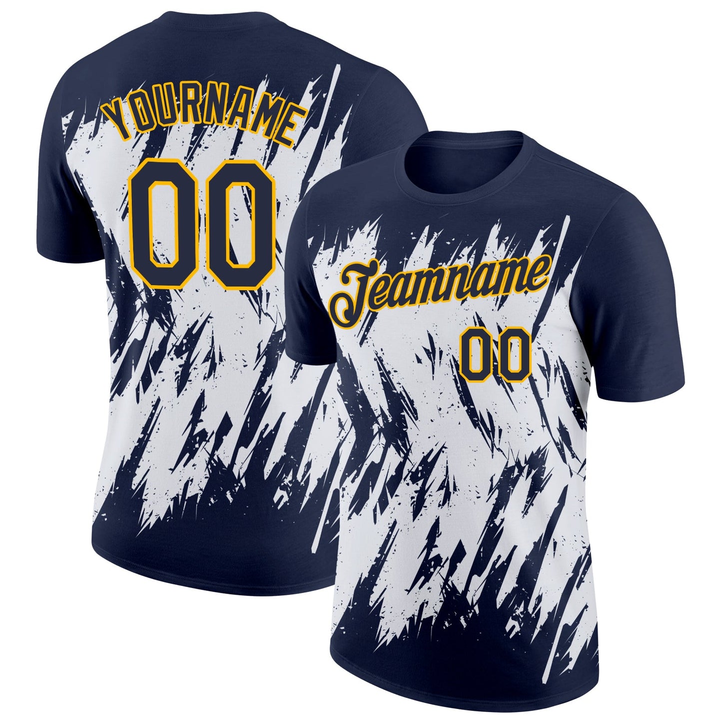 Custom Navy White-Gold 3D Pattern Design Abstract Sharp Shape Performance T-Shirt - Main View