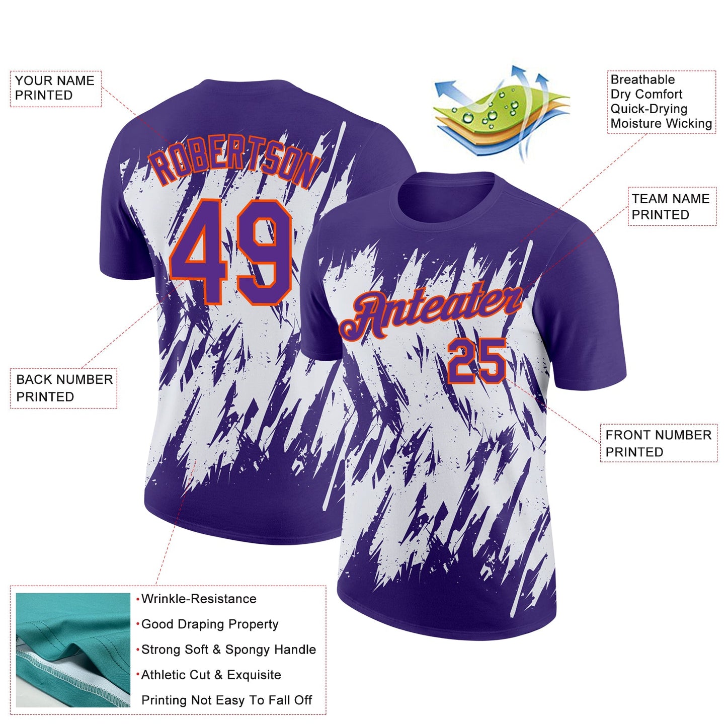 Custom Purple White-Orange 3D Pattern Design Abstract Sharp Shape Performance T-Shirt view 2