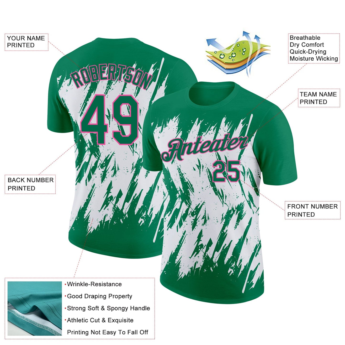 Custom Kelly Green White-Pink 3D Pattern Design Abstract Sharp Shape Performance T-Shirt view 2