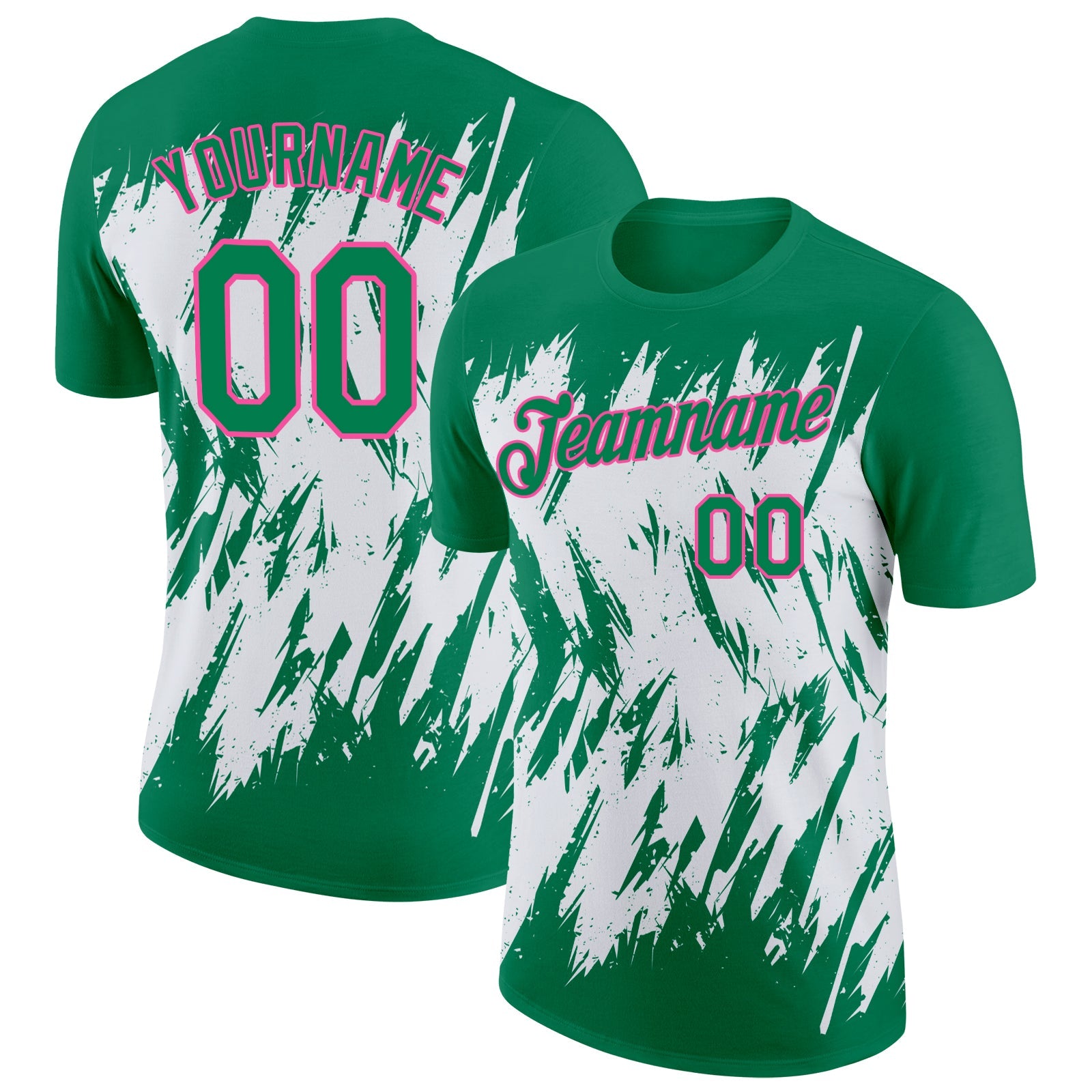 Custom Kelly Green White-Pink 3D Pattern Design Abstract Sharp Shape Performance T-Shirt - Main View