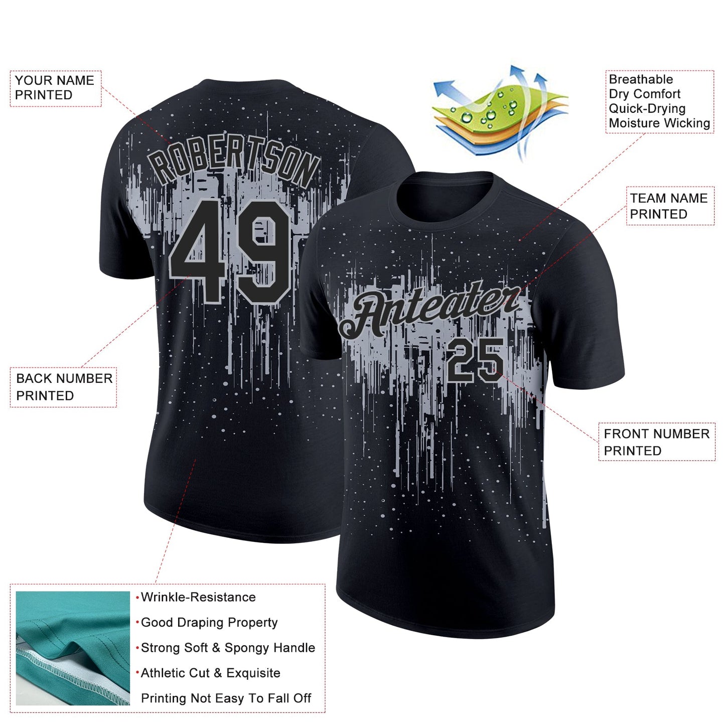 Custom Black Gray 3D Pattern Design Dripping Splatter Art Performance T-Shirt view 2