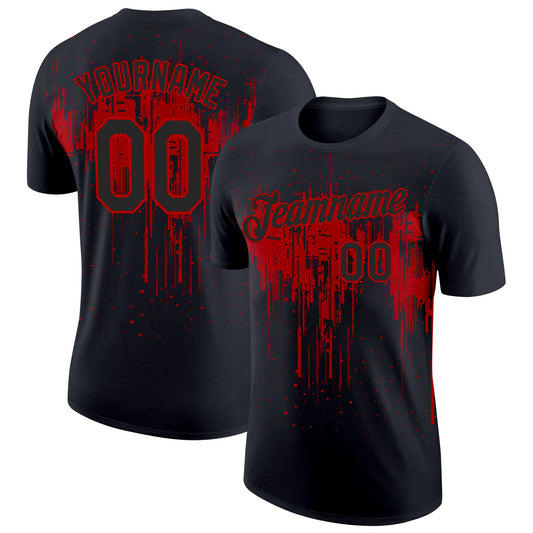 Custom Black Red 3D Pattern Design Dripping Splatter Art Performance T-Shirt - Main View