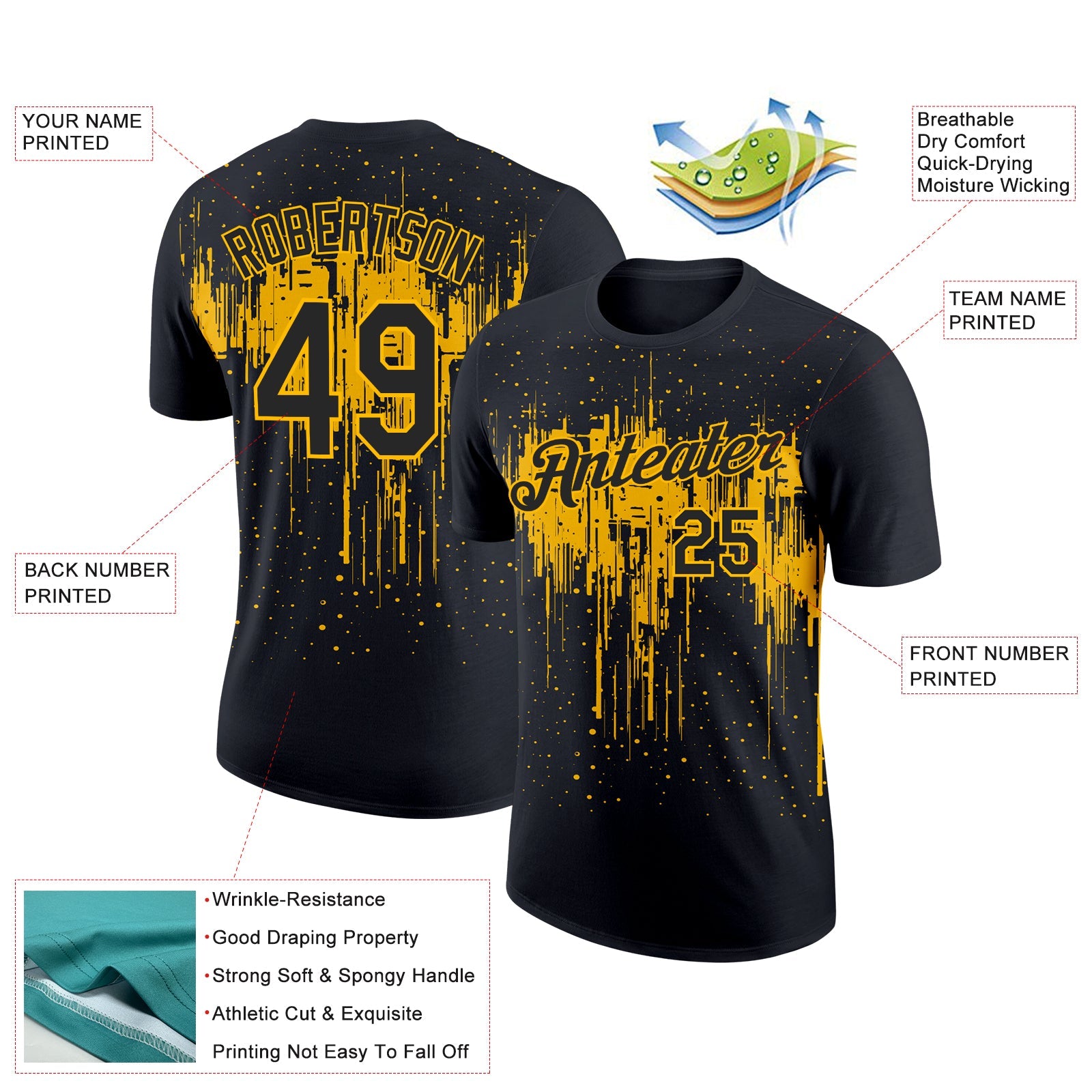 Custom Black Gold 3D Pattern Design Dripping Splatter Art Performance T-Shirt view 2