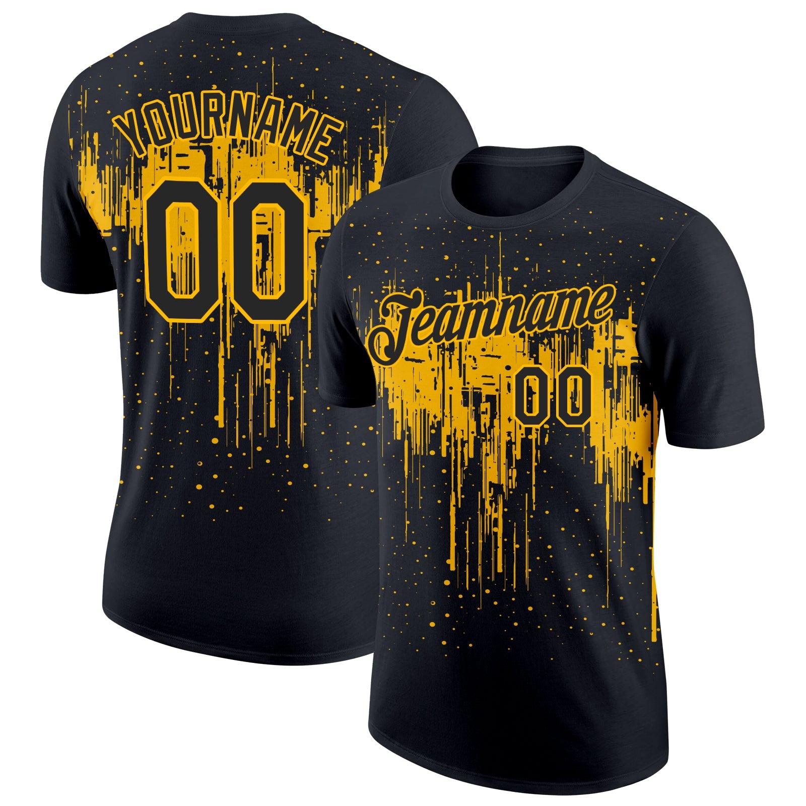 Custom Black Gold 3D Pattern Design Dripping Splatter Art Performance T-Shirt - Main View