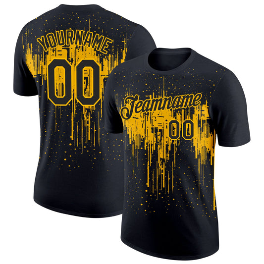 Custom Black Gold 3D Pattern Design Dripping Splatter Art Performance T-Shirt - Main View
