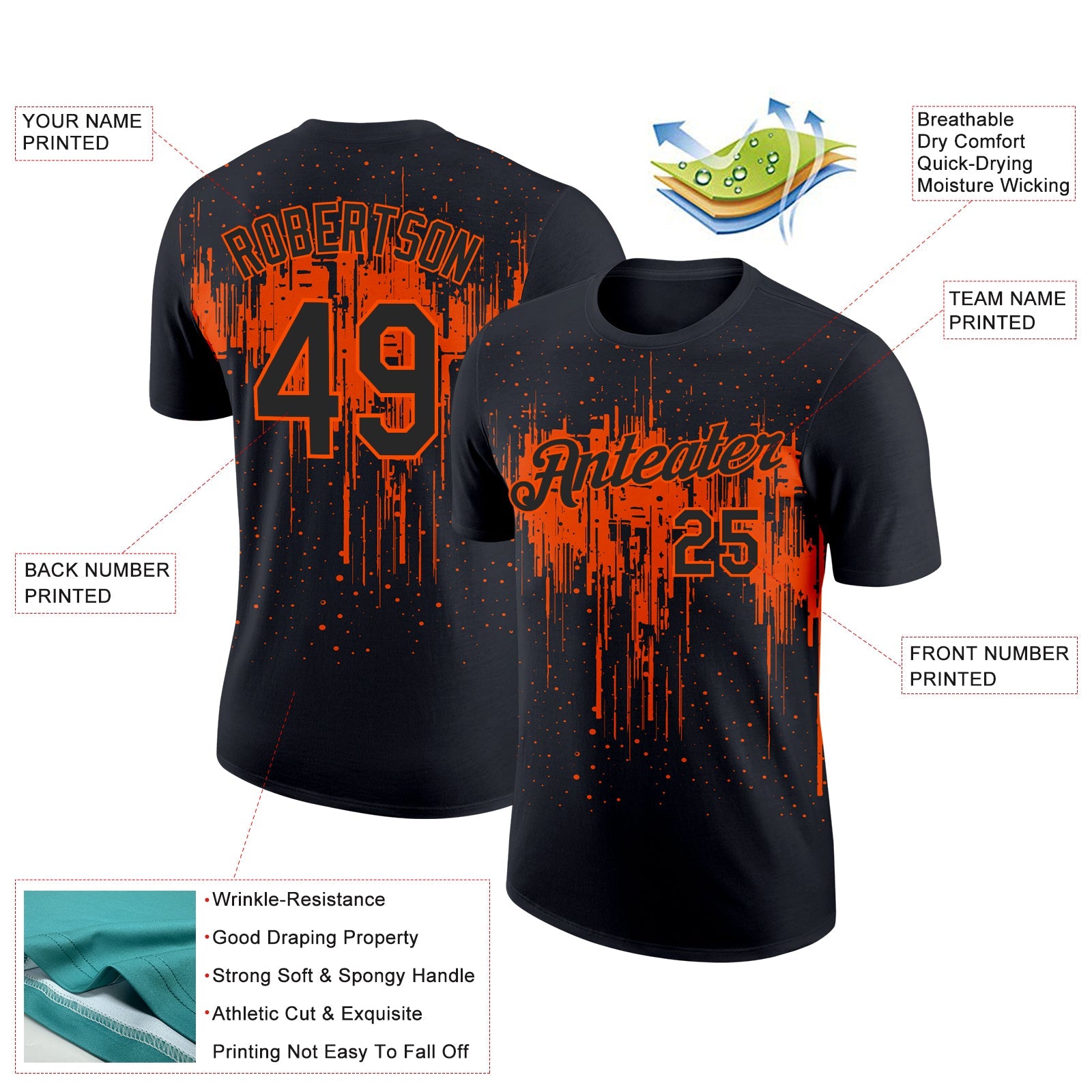 Custom Black Orange 3D Pattern Design Dripping Splatter Art Performance T-Shirt view 2