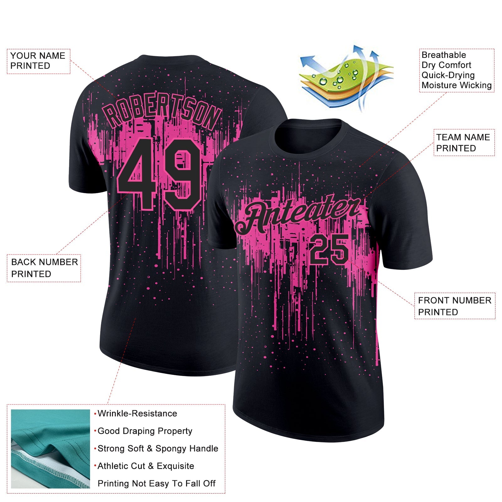 Custom Black Pink 3D Pattern Design Dripping Splatter Art Performance T-Shirt view 2
