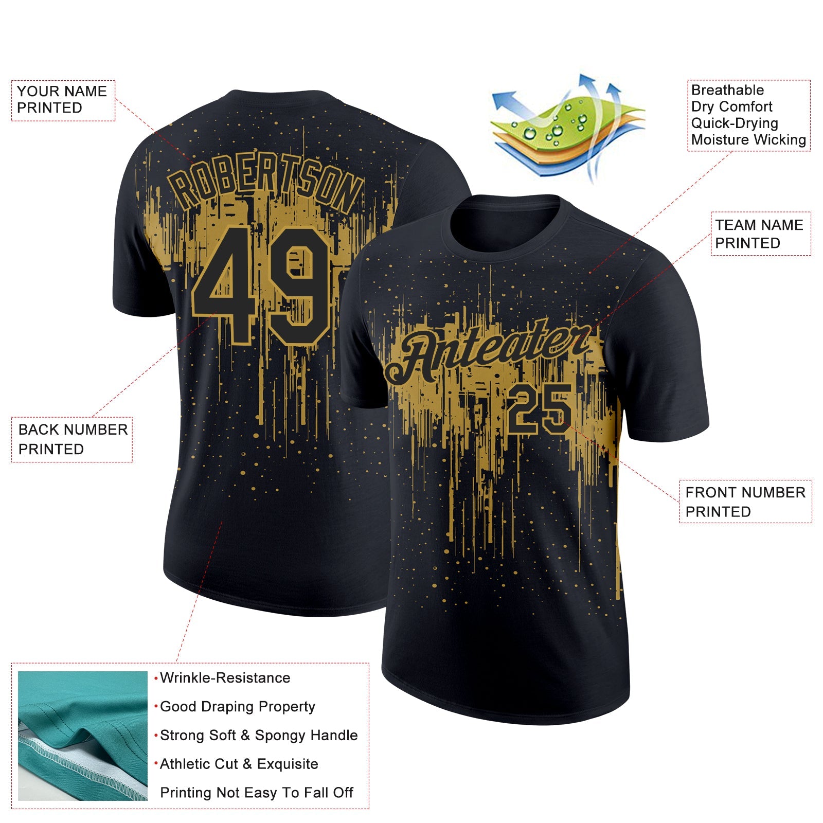 Custom Black Old Gold 3D Pattern Design Dripping Splatter Art Performance T-Shirt view 2
