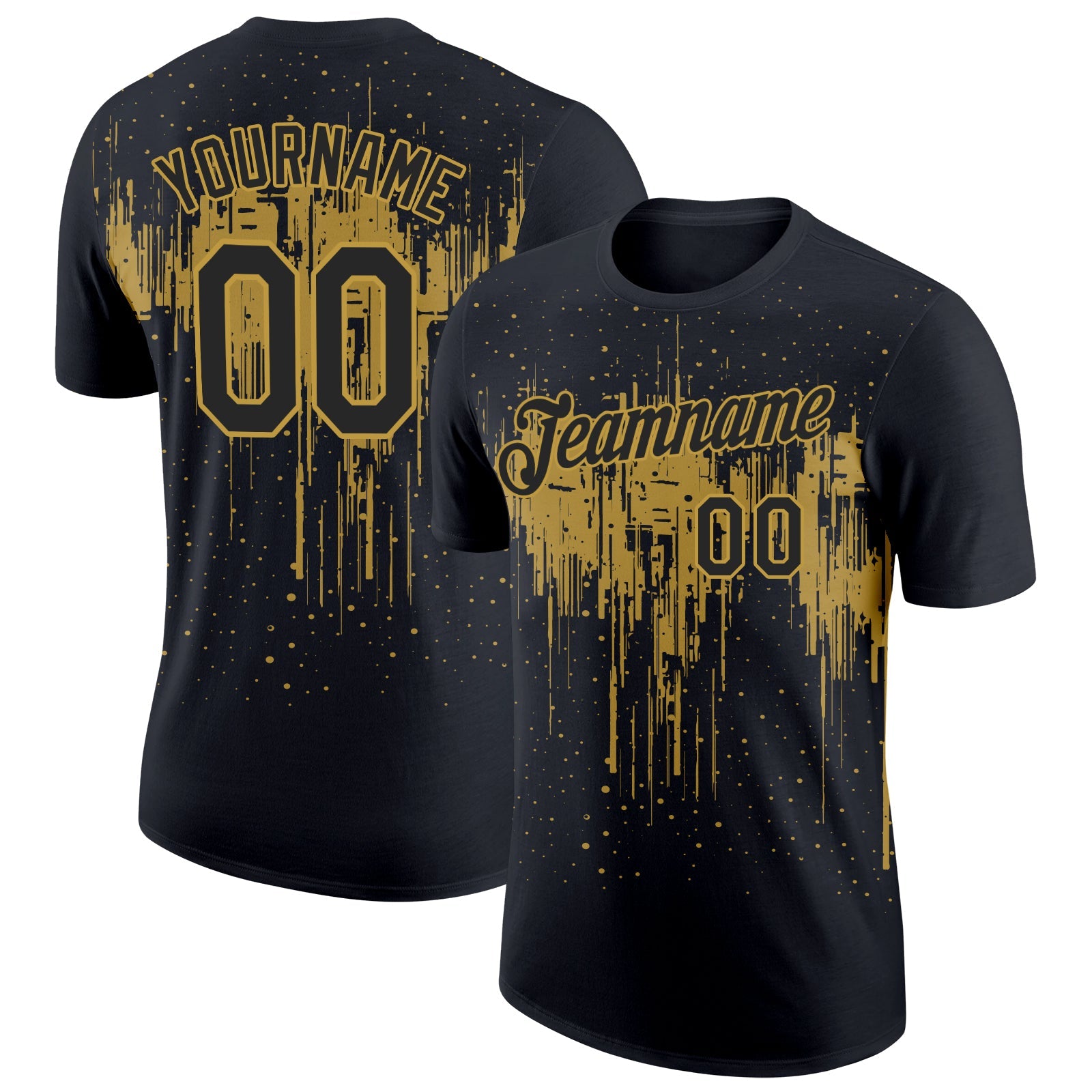 Custom Black Old Gold 3D Pattern Design Dripping Splatter Art Performance T-Shirt - Main View