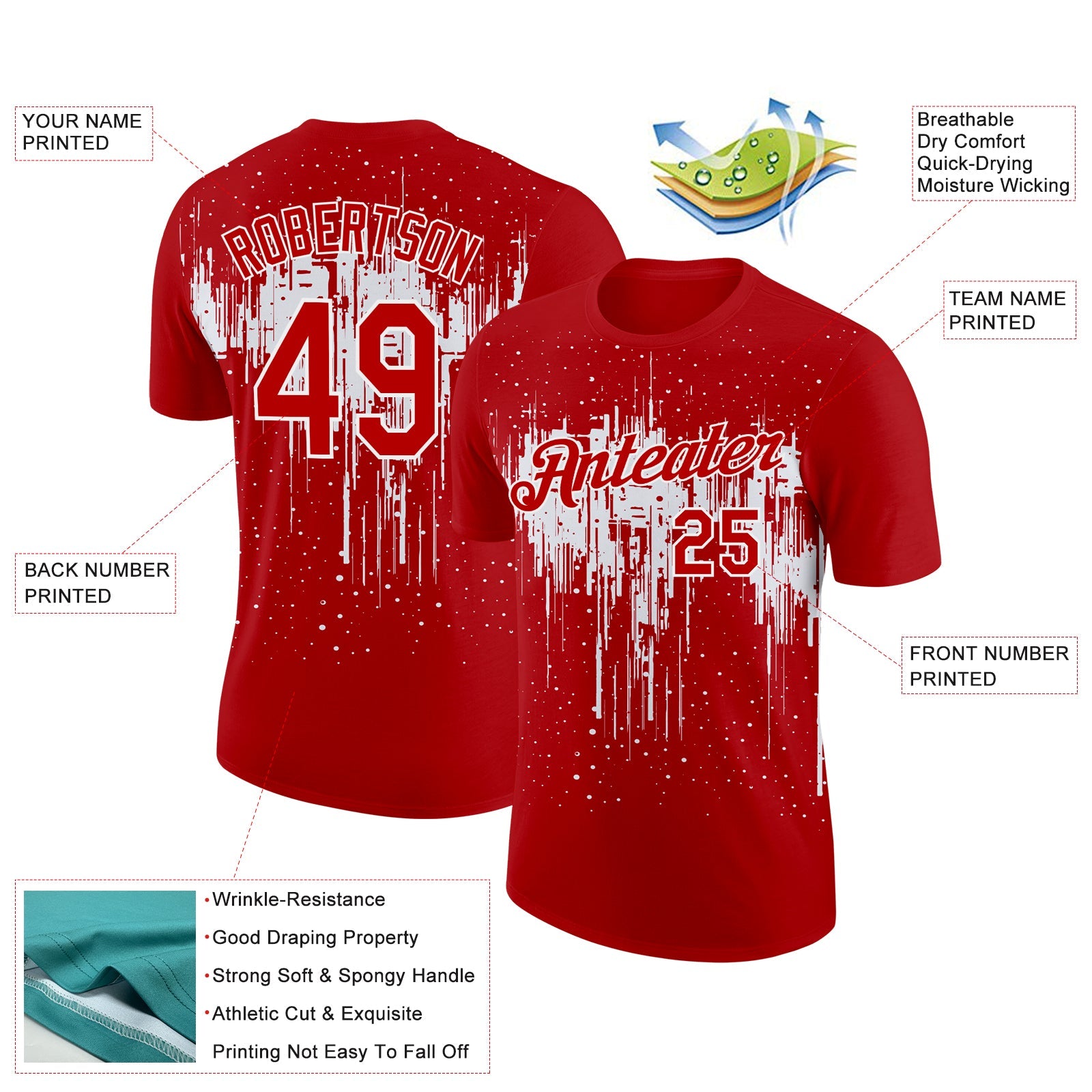 Custom Red White 3D Pattern Design Dripping Splatter Art Performance T-Shirt view 2
