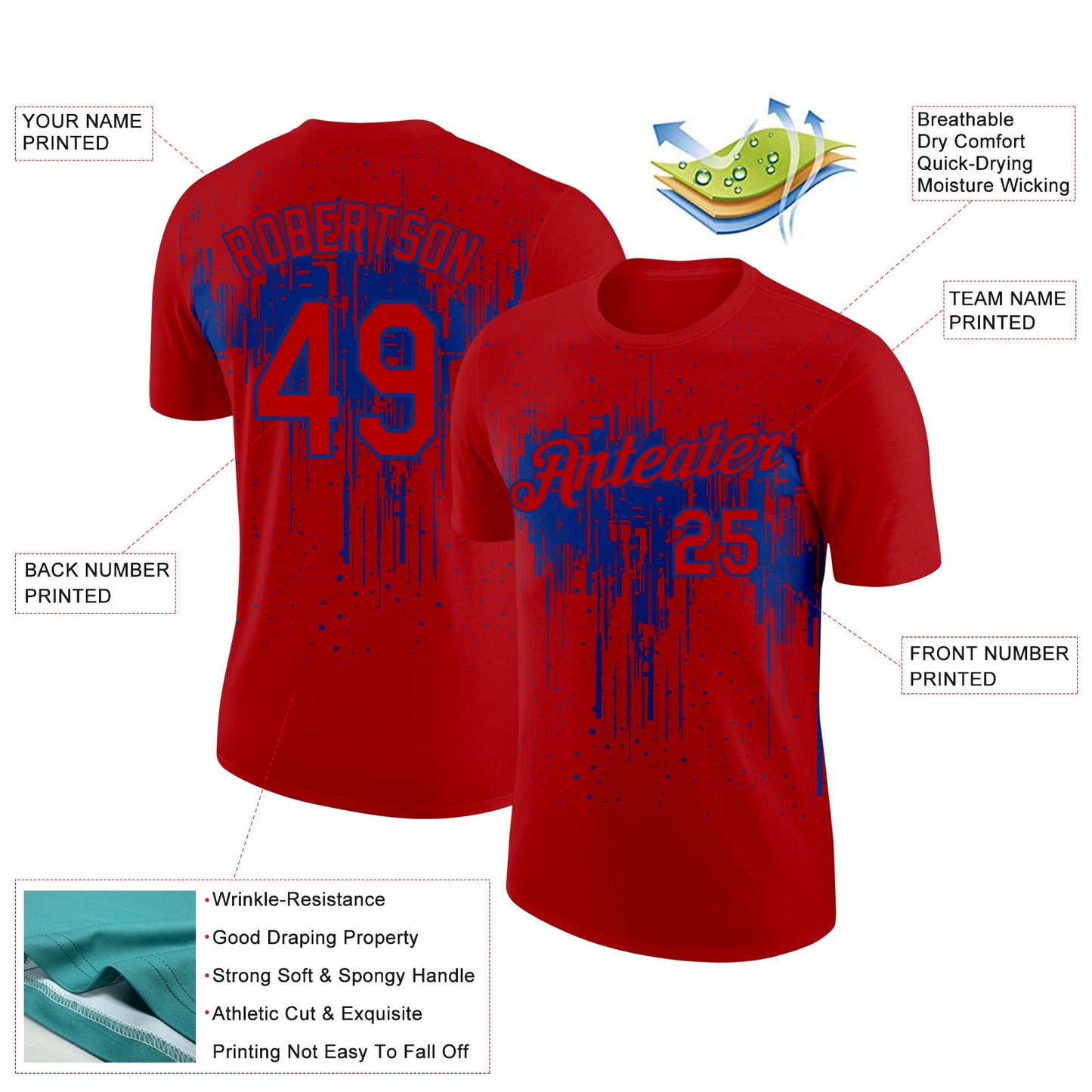 Custom Red Royal 3D Pattern Design Dripping Splatter Art Performance T-Shirt view 2