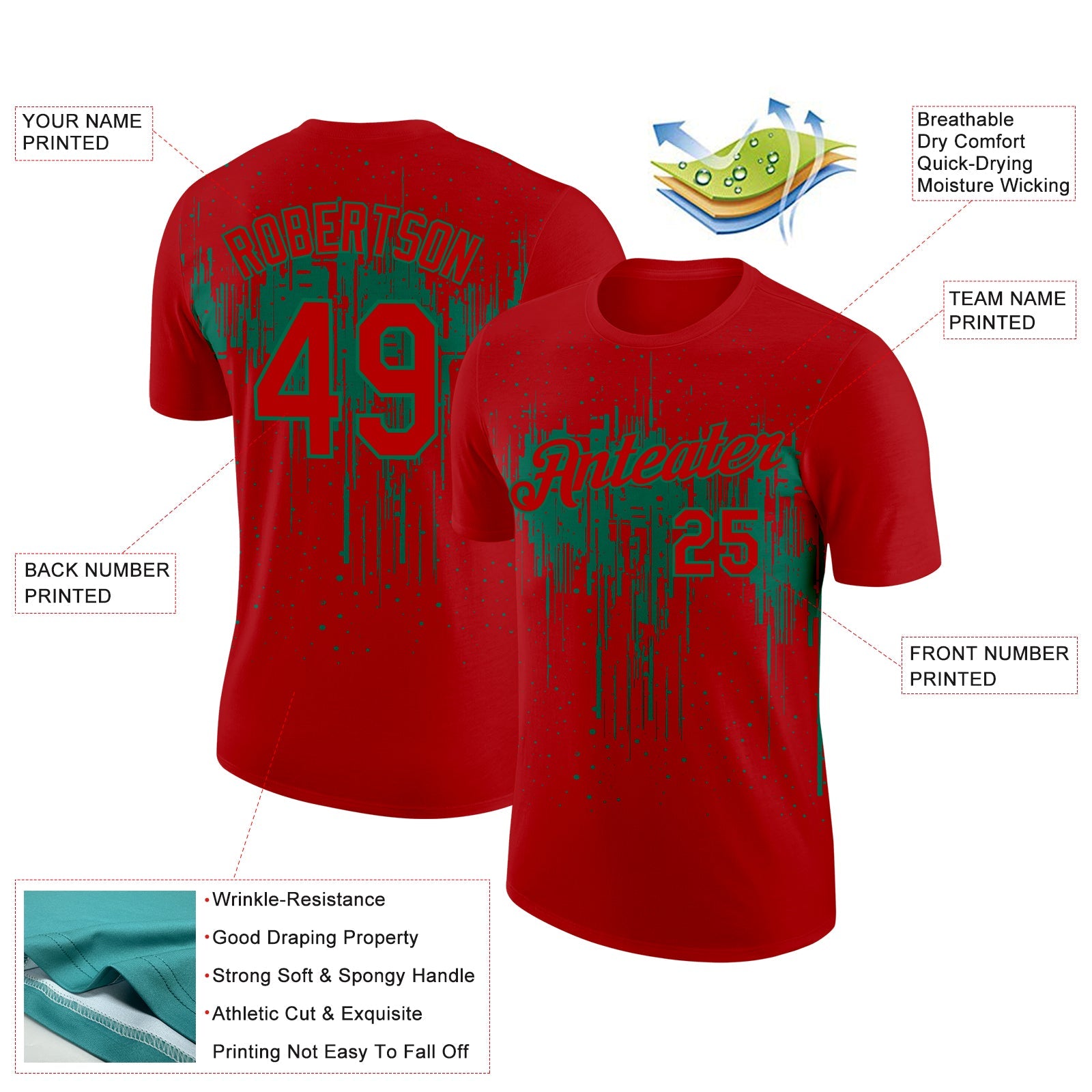 Custom Red Kelly Green 3D Pattern Design Dripping Splatter Art Performance T-Shirt view 2