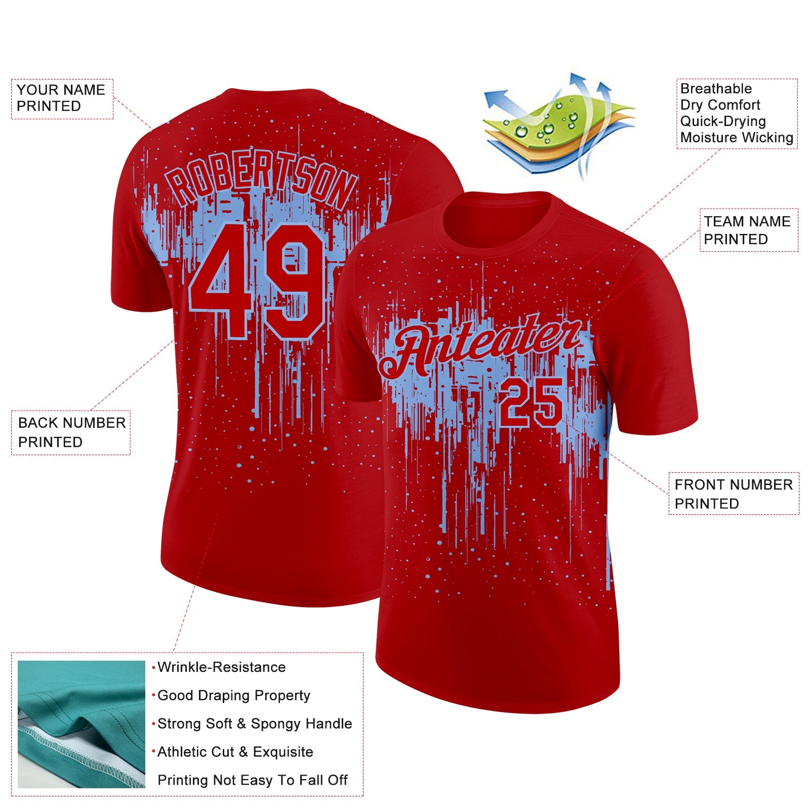 Custom Red Light Blue 3D Pattern Design Dripping Splatter Art Performance T-Shirt view 2