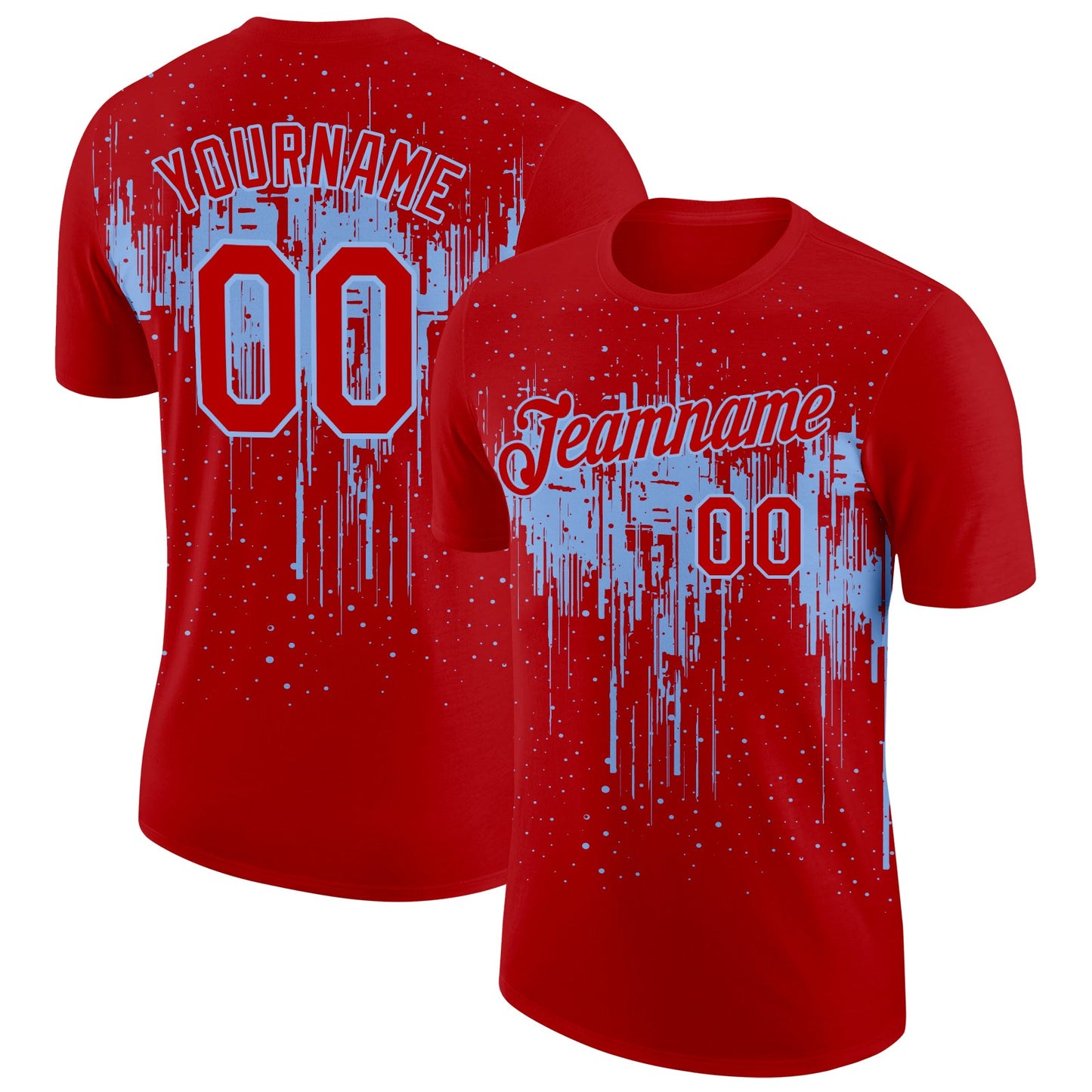 Custom Red Light Blue 3D Pattern Design Dripping Splatter Art Performance T-Shirt - Main View