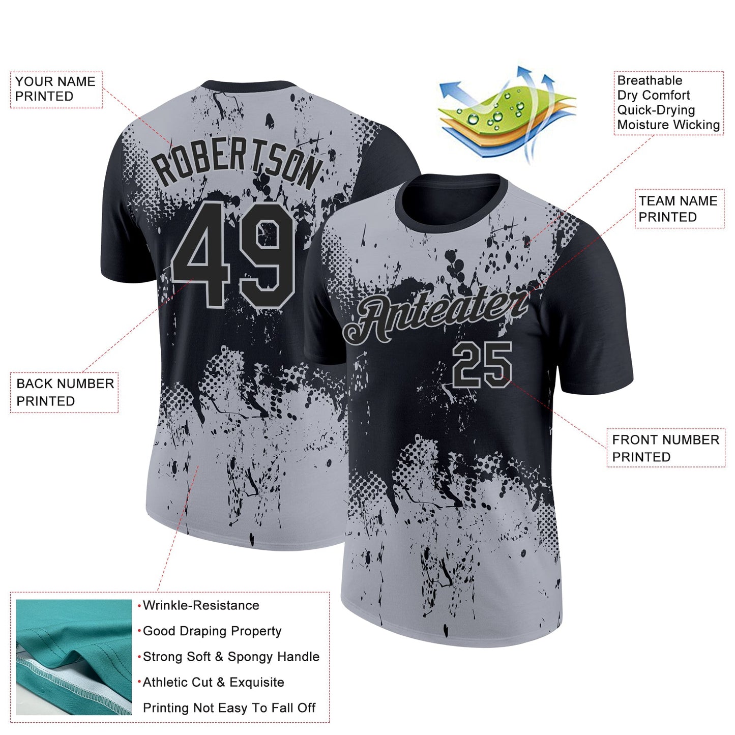 Custom Black Gray 3D Pattern Design Dripping Splatter Art Performance T-Shirt view 2
