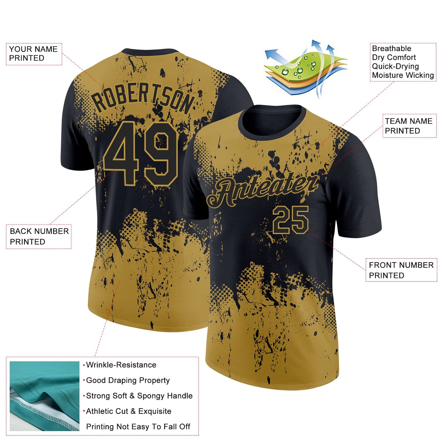 Custom Black Old Gold 3D Pattern Design Dripping Splatter Art Performance T-Shirt view 2