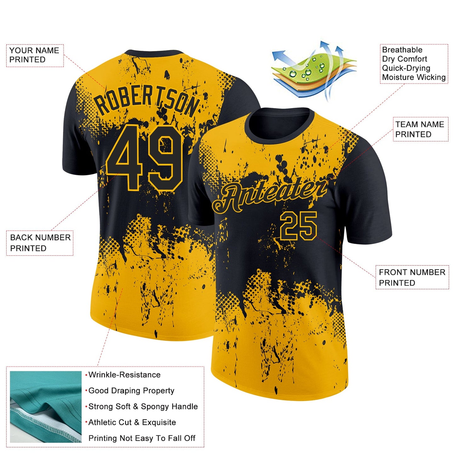 Custom Black Gold 3D Pattern Design Dripping Splatter Art Performance T-Shirt view 2