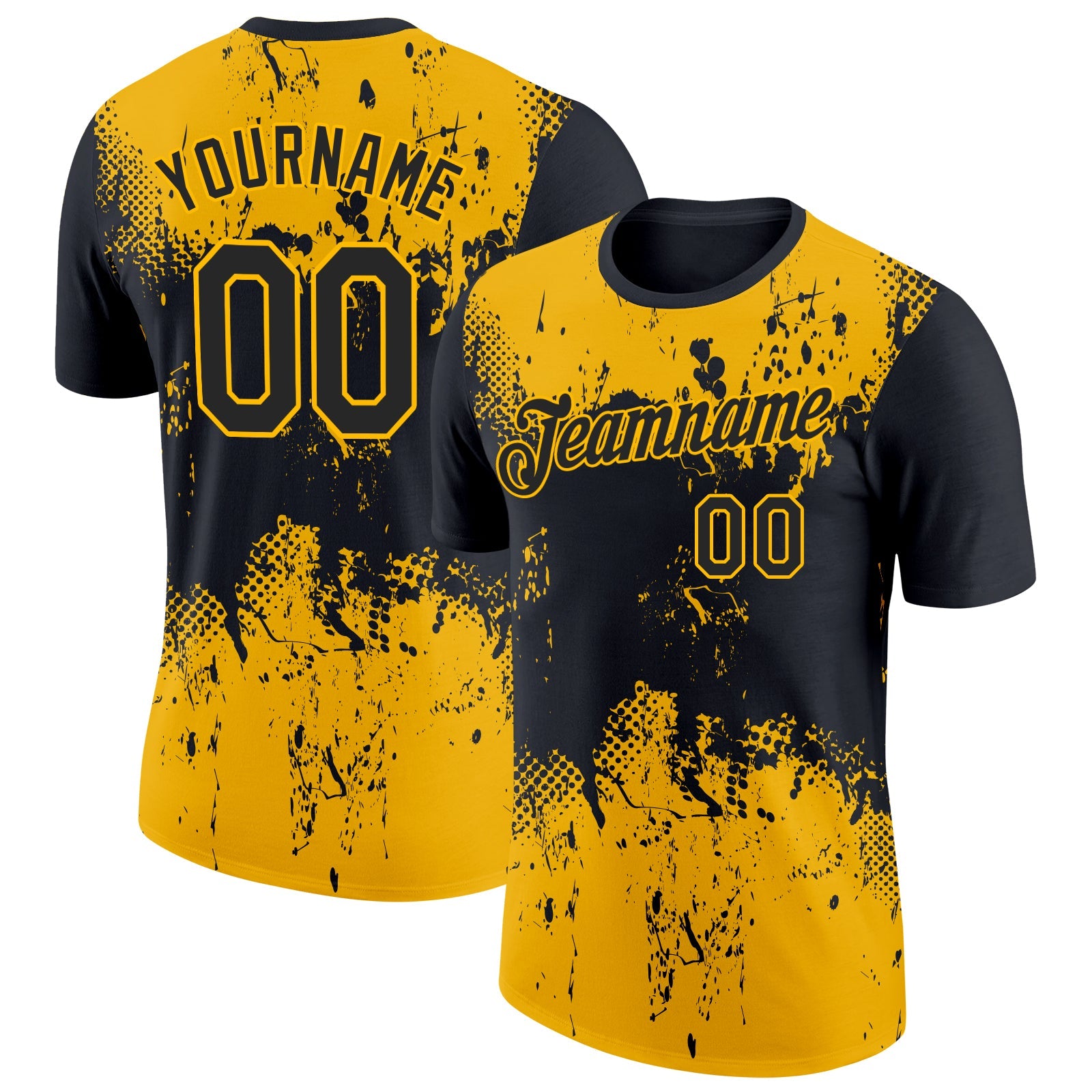 Custom Black Gold 3D Pattern Design Dripping Splatter Art Performance T-Shirt - Main View
