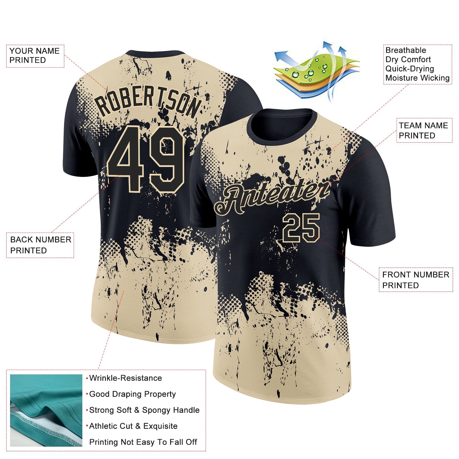 Custom Black Cream 3D Pattern Design Dripping Splatter Art Performance T-Shirt view 2