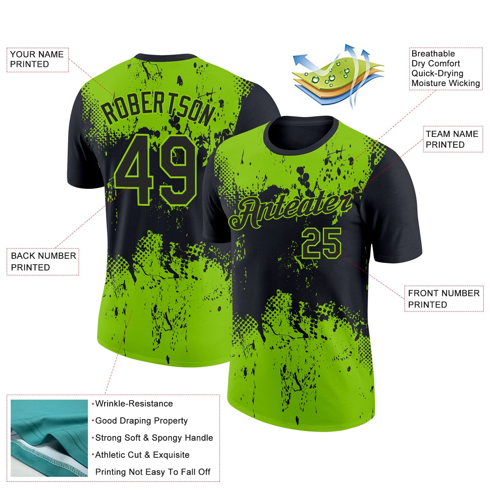 Custom Black Neon Green 3D Pattern Design Dripping Splatter Art Performance T-Shirt view 2