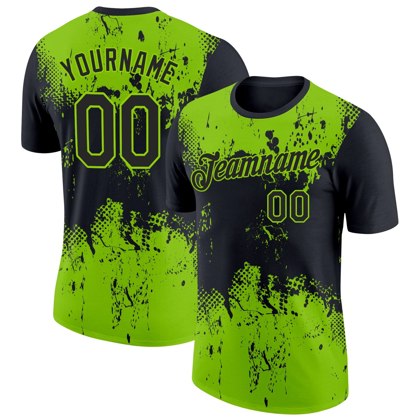 Custom Black Neon Green 3D Pattern Design Dripping Splatter Art Performance T-Shirt - Main View