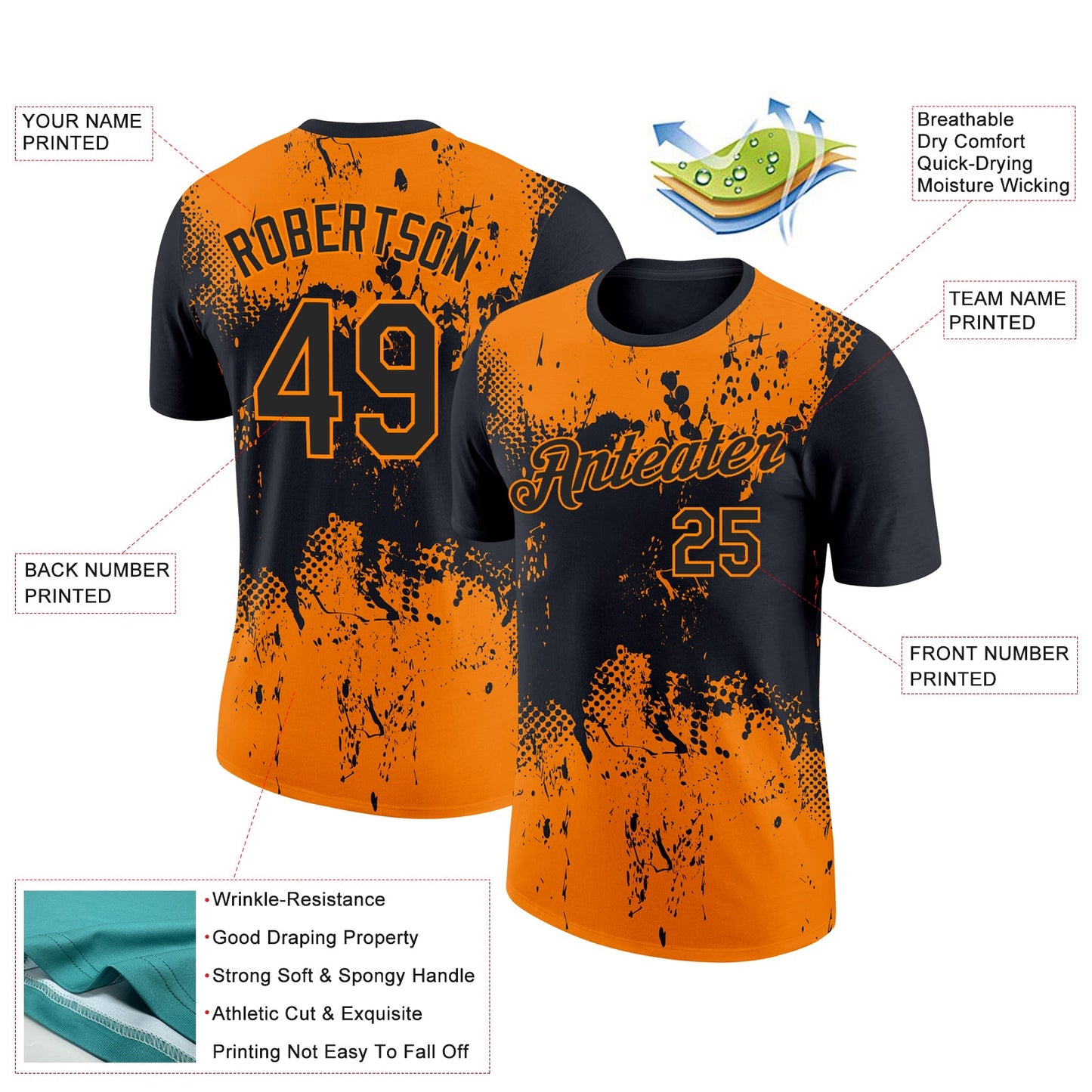 Custom Black Bay Orange 3D Pattern Design Dripping Splatter Art Performance T-Shirt view 2