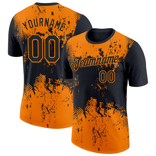 Custom Black Bay Orange 3D Pattern Design Dripping Splatter Art Performance T-Shirt - Main View