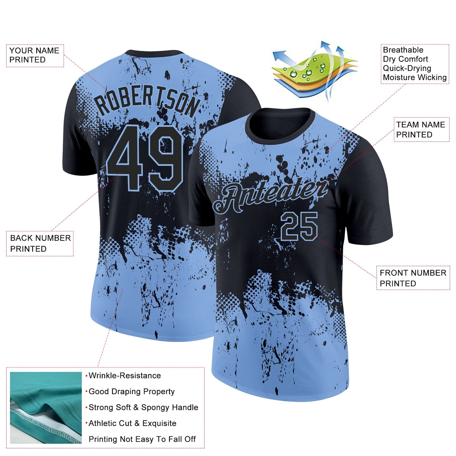 Custom Black Light Blue 3D Pattern Design Dripping Splatter Art Performance T-Shirt view 2