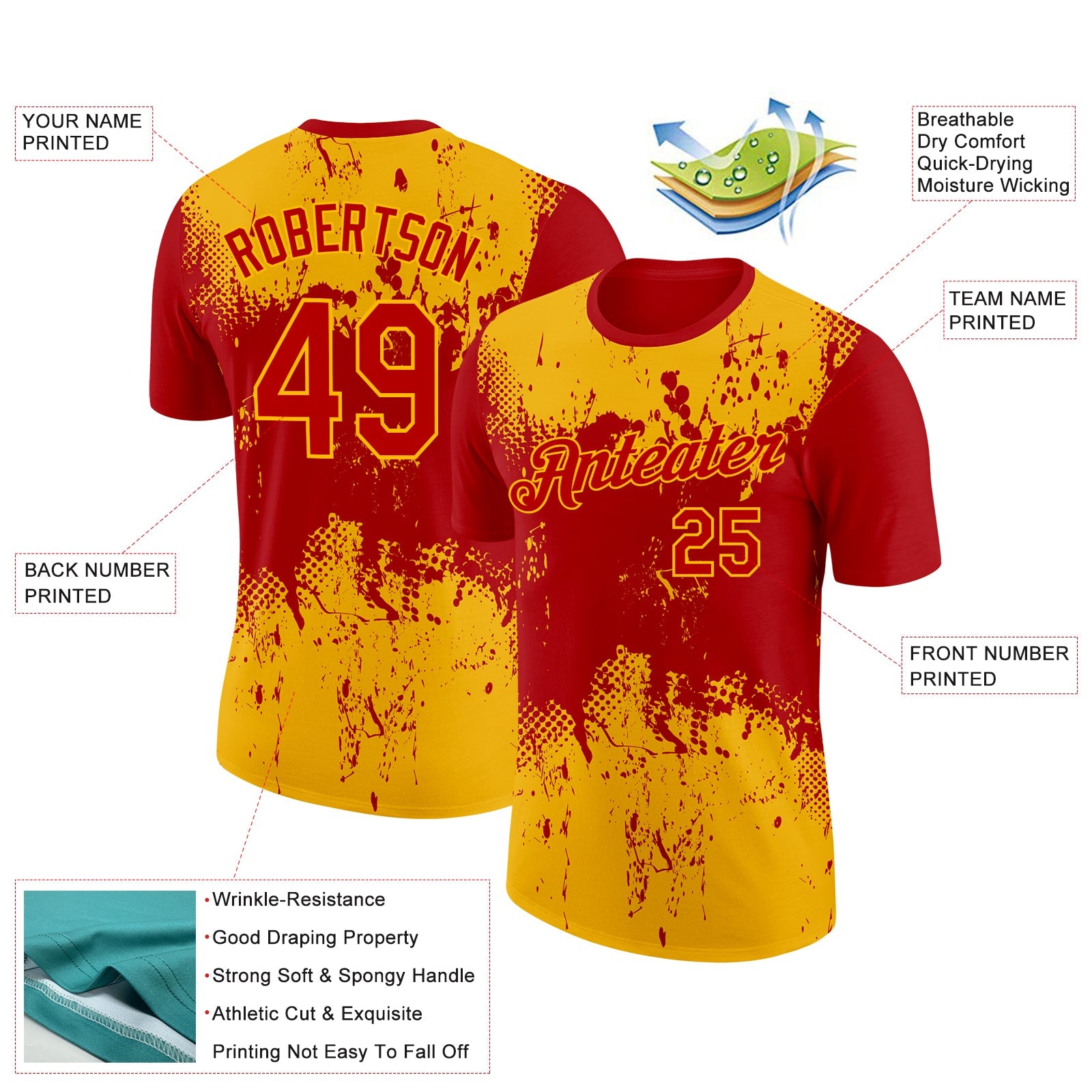 Custom Red Gold 3D Pattern Design Dripping Splatter Art Performance T-Shirt view 2
