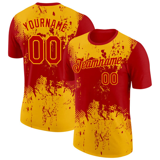 Custom Red Gold 3D Pattern Design Dripping Splatter Art Performance T-Shirt - Main View
