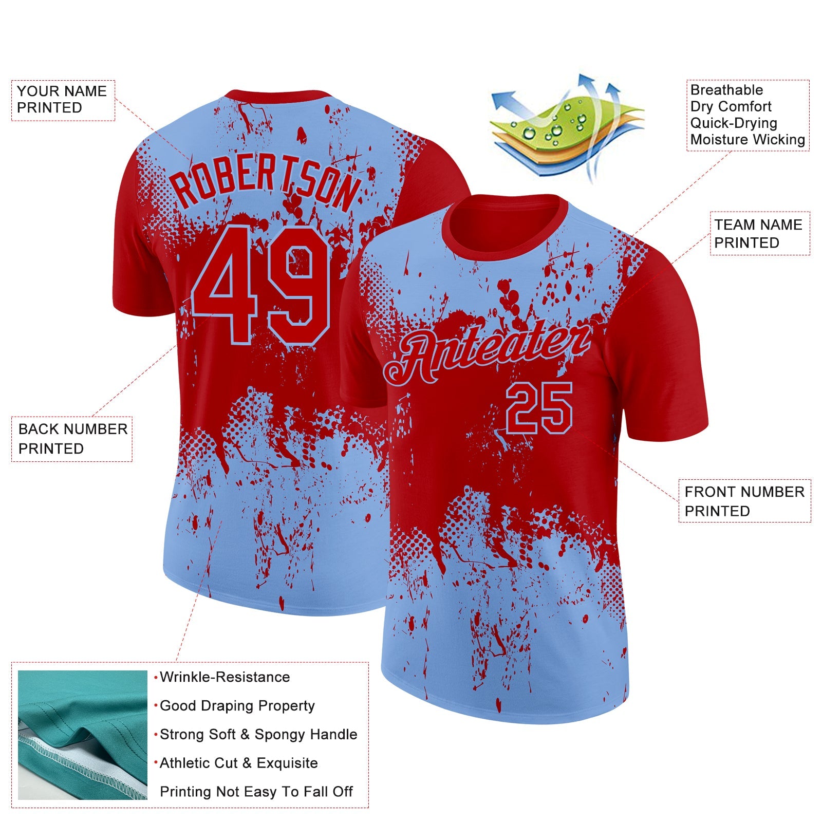 Custom Red Light Blue 3D Pattern Design Dripping Splatter Art Performance T-Shirt view 2