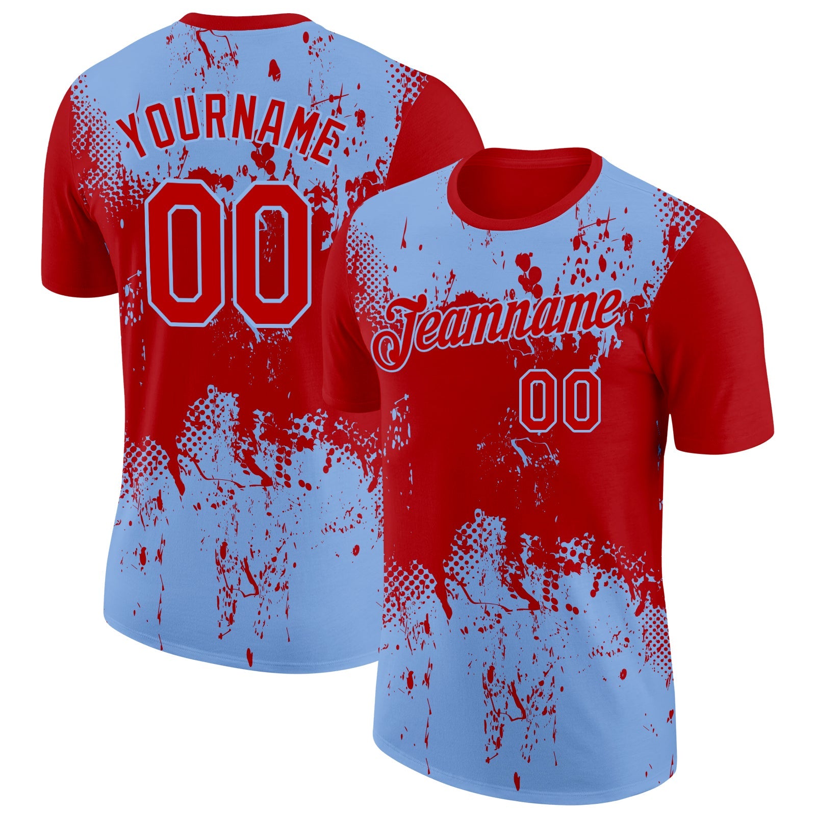 Custom Red Light Blue 3D Pattern Design Dripping Splatter Art Performance T-Shirt - Main View