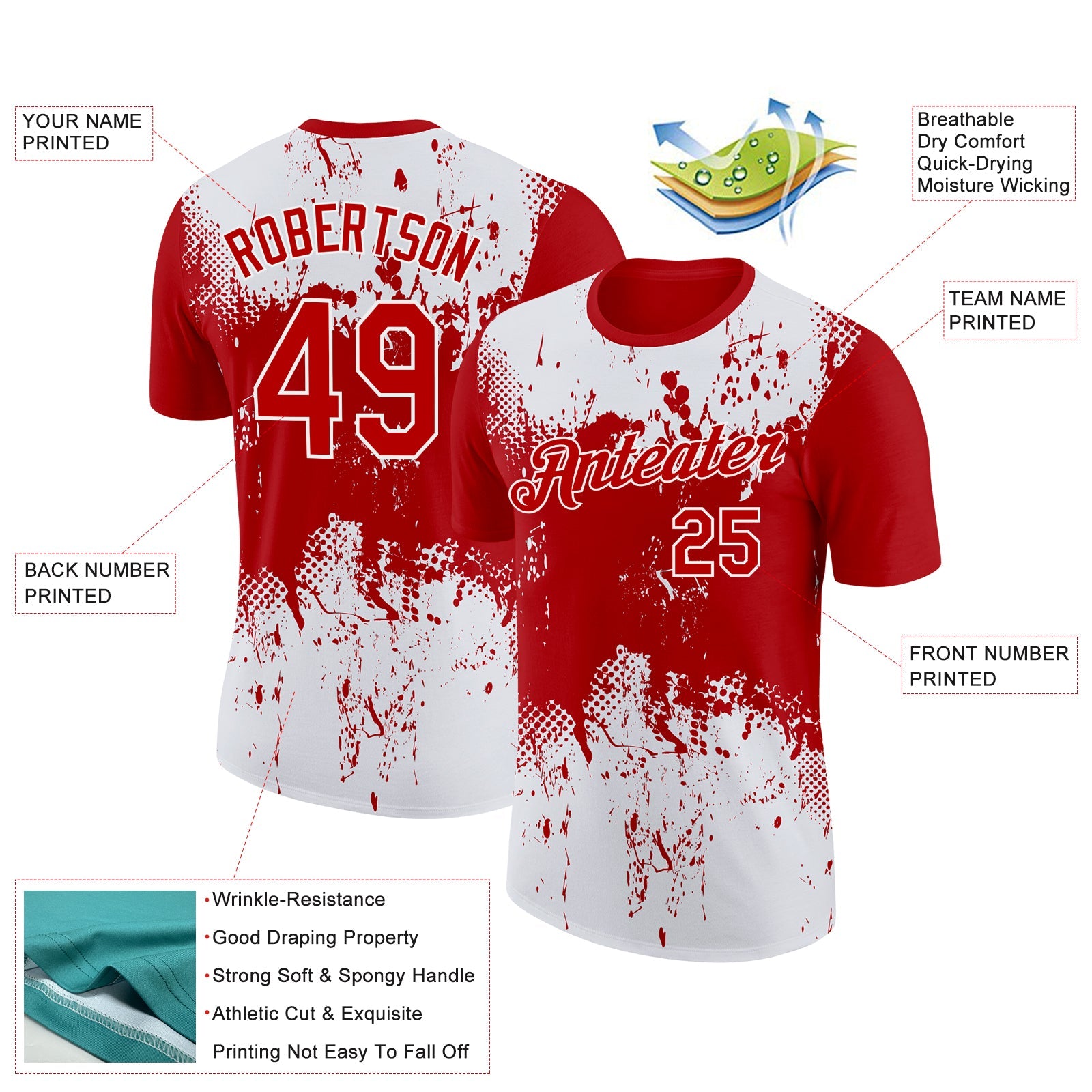 Custom Red White 3D Pattern Design Dripping Splatter Art Performance T-Shirt view 2