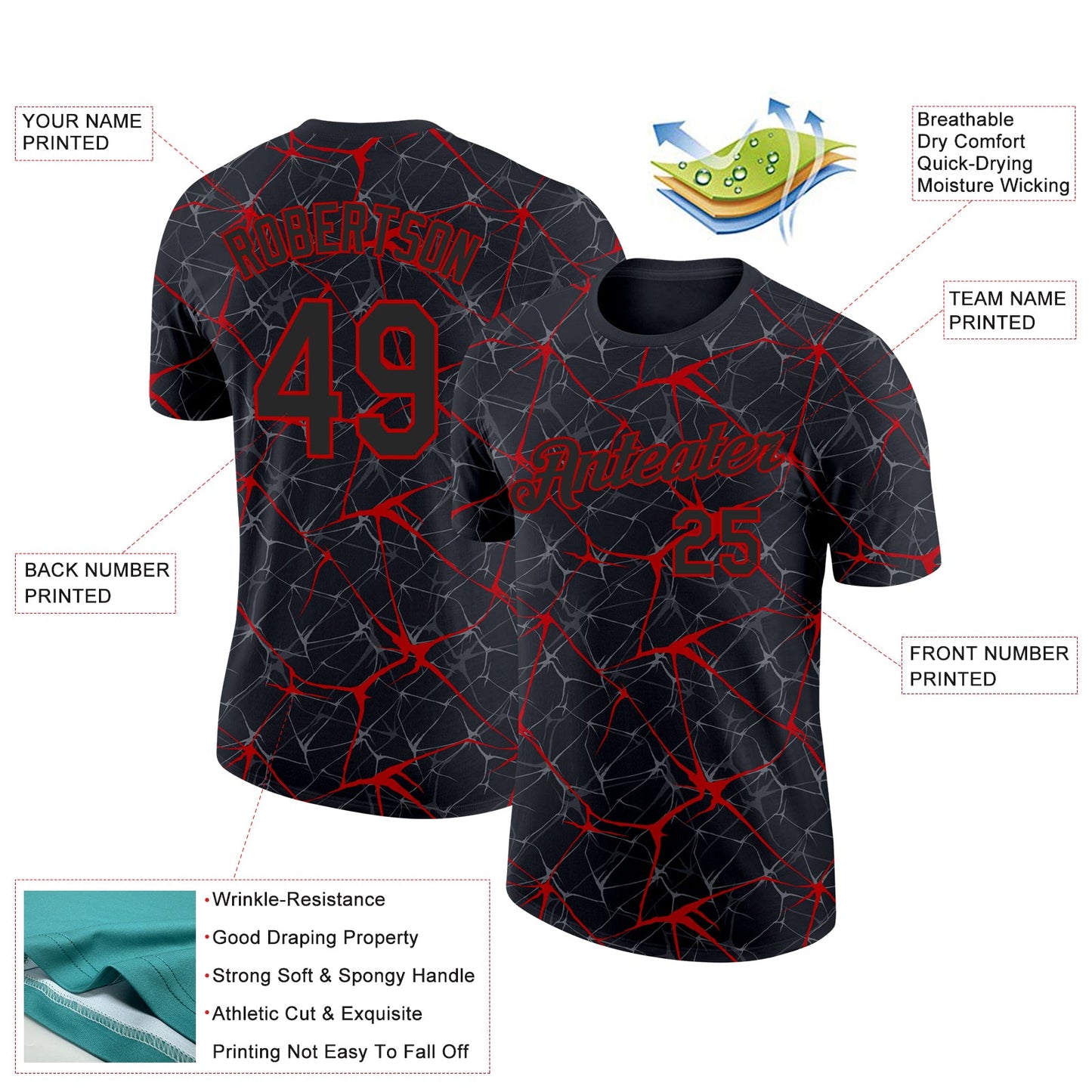 Custom Black Red 3D Pattern Design Abstract Network Performance T-Shirt view 2
