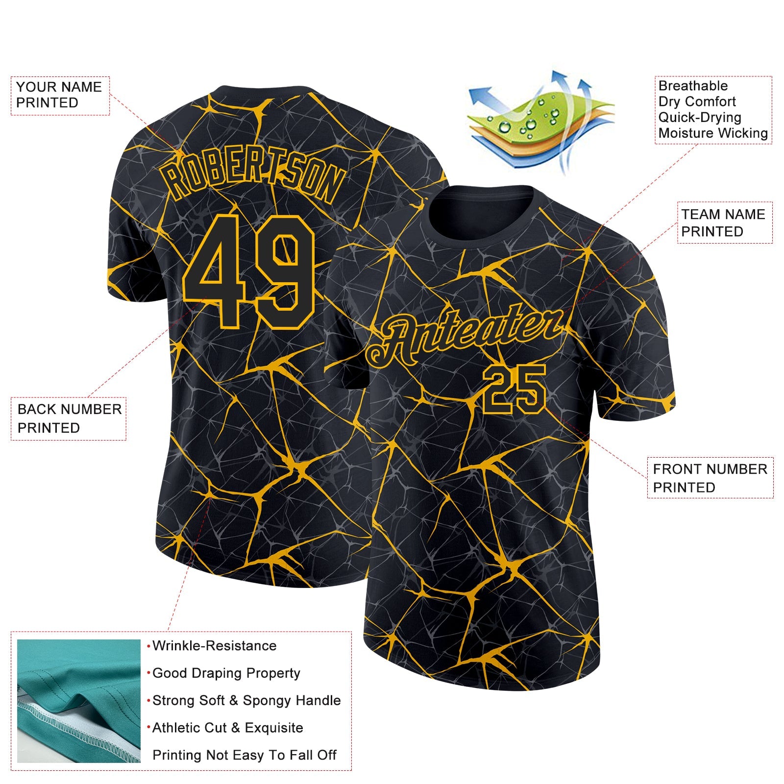 Custom Black Gold 3D Pattern Design Abstract Network Performance T-Shirt view 2