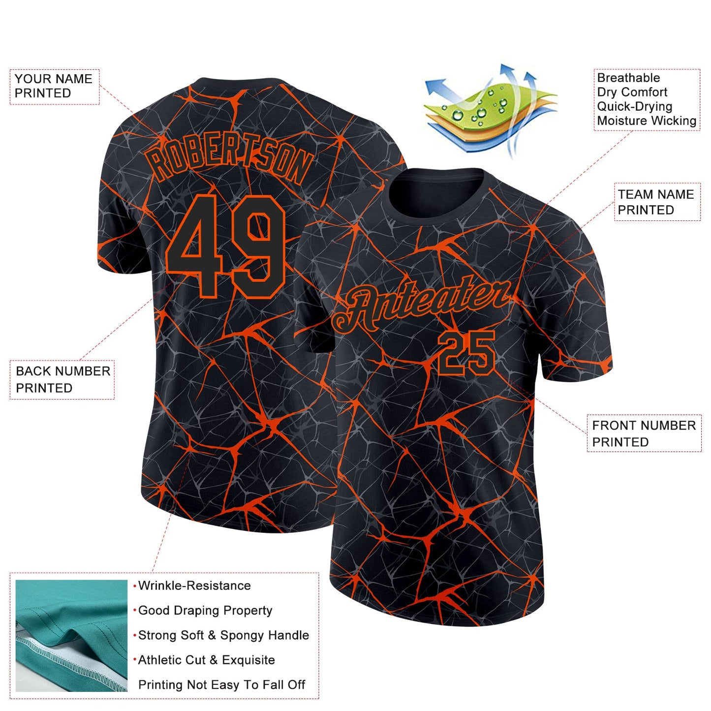 Custom Black Orange 3D Pattern Design Abstract Network Performance T-Shirt view 2