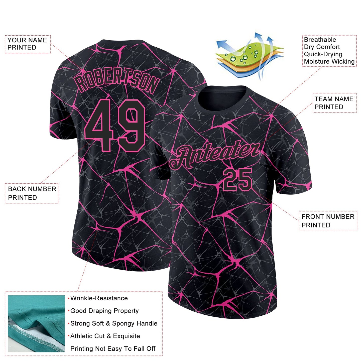 Custom Black Pink 3D Pattern Design Abstract Network Performance T-Shirt view 2